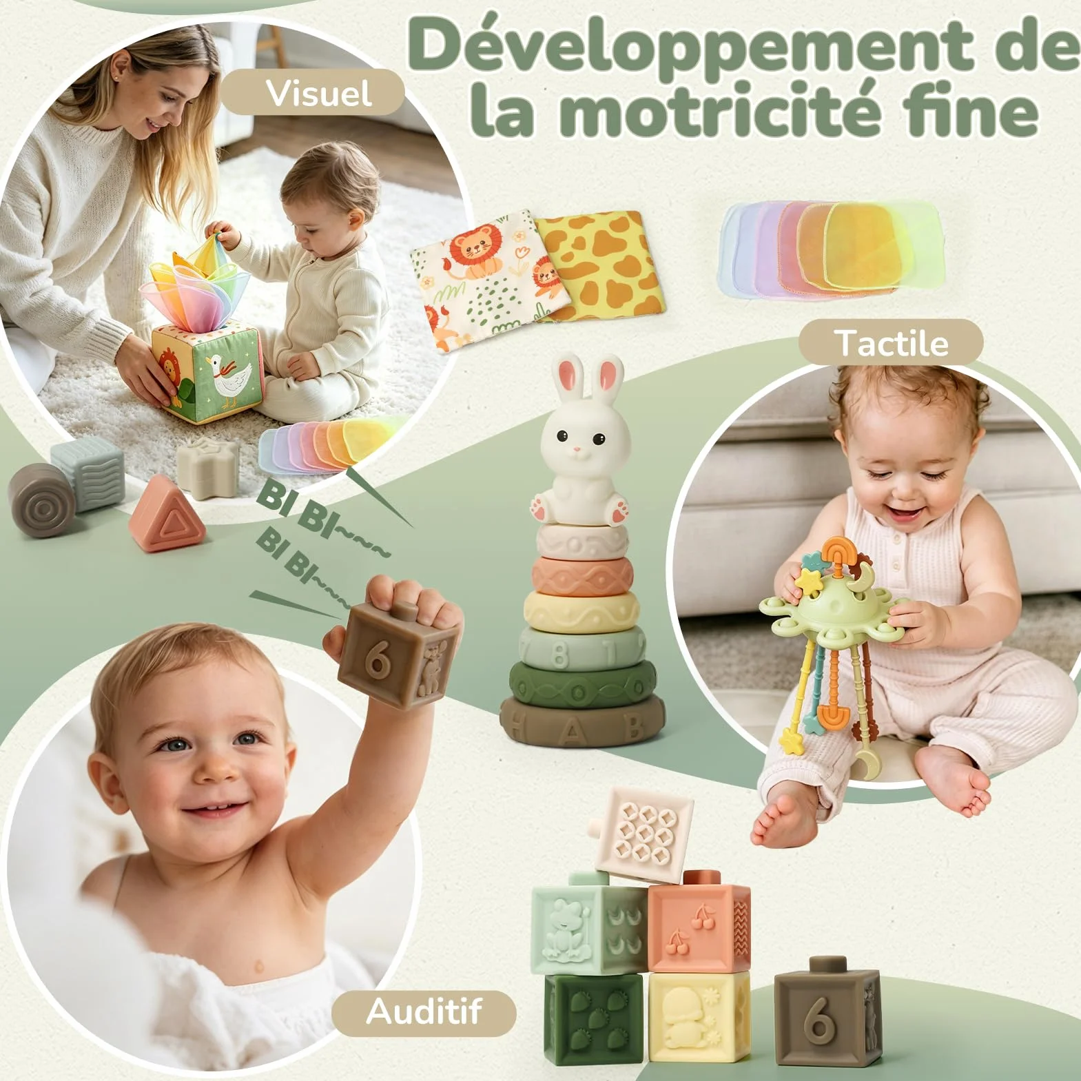 Jouet Bébé 6 Mois Montessori 5 en 1 – Jeux d’éveil 6-12 Mois avec Trieur de Formes, Boîte à Mouchoirs, Empilement | Jouet Sensoriel Cadeau pour Enfants 7 8 9 Mois