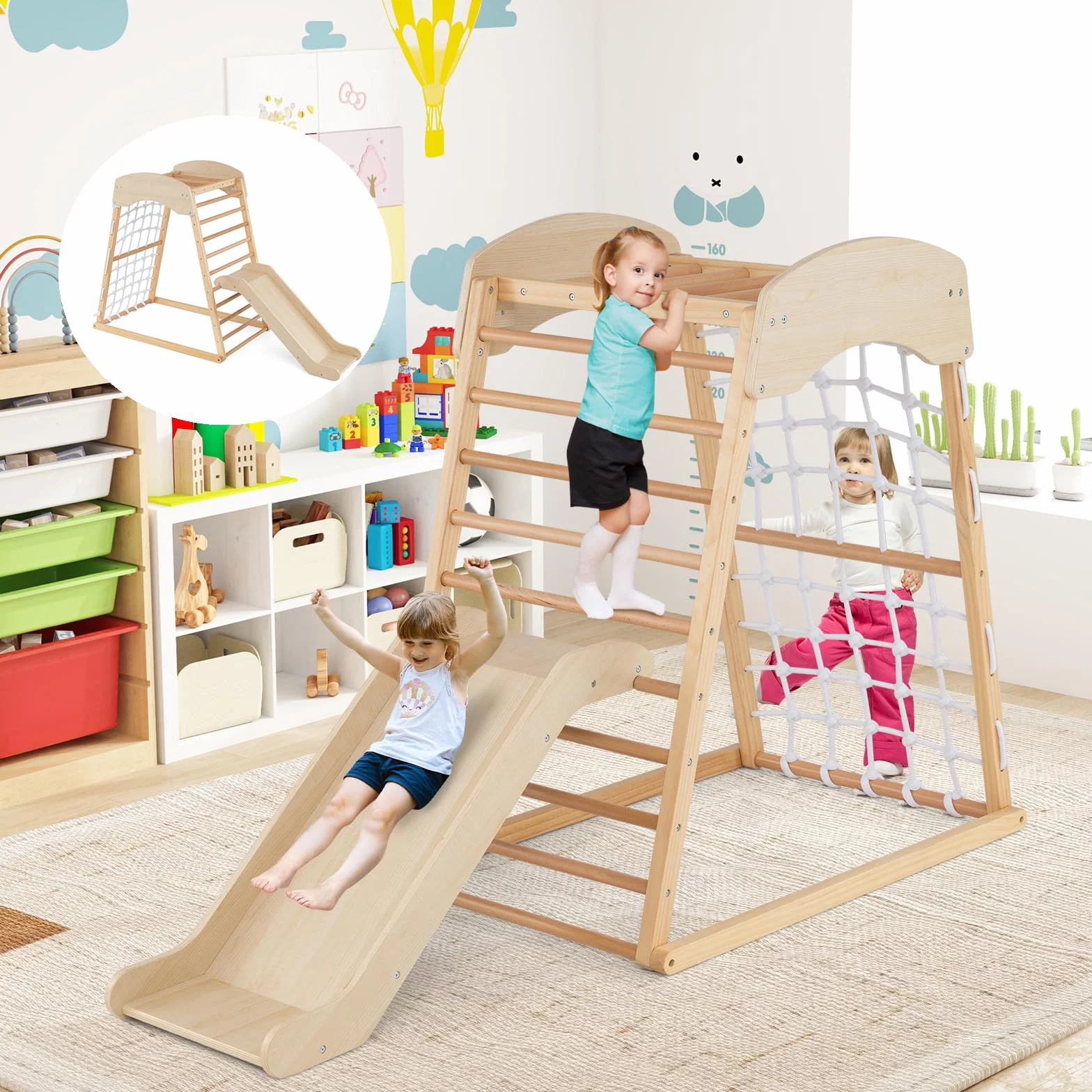 GOPLUS Triangle d'Escalade Montessori 4 en 1 avec Toboggan et Filet, Charge 50KG pour Enfants 1 an+