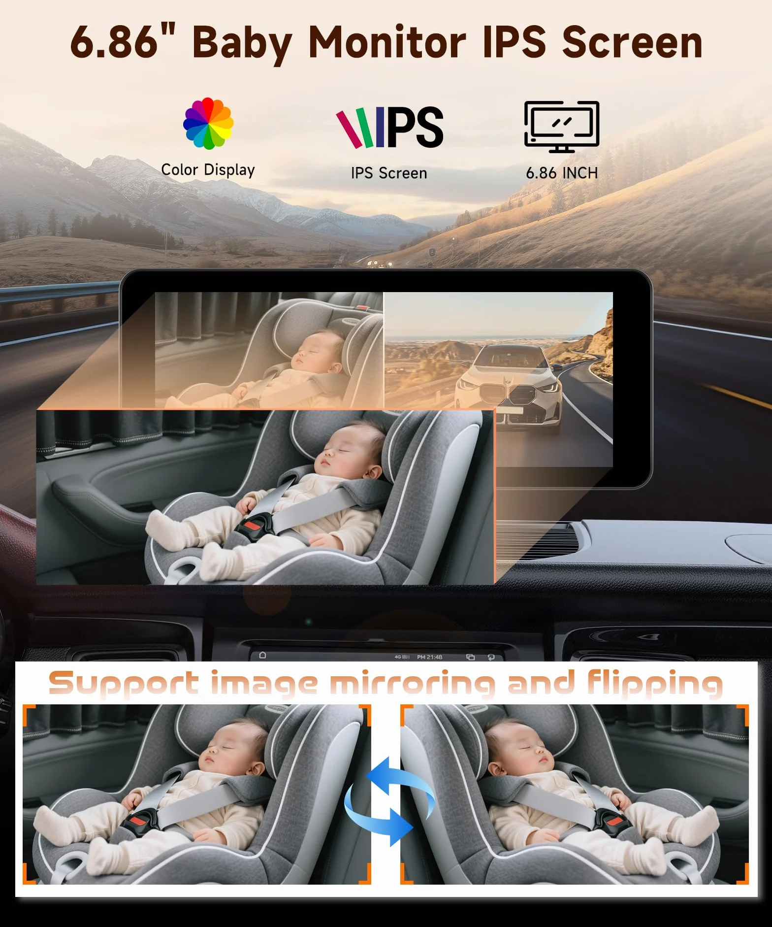 VECHTEL Moniteur Auto 6,86" IPS Double Caméra 720P Rotative 360° IP69 Étanche Vision Nocturne Grand Angle 12V