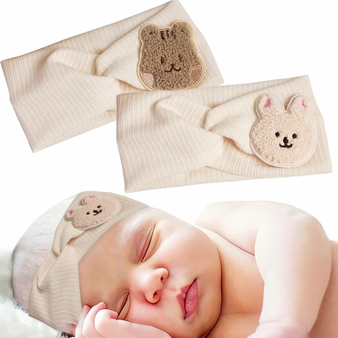 Baby Stirnband Blumen beige Eichhörnchen Kaninchen Kreuz gestrickt weich elastisch Mädchen