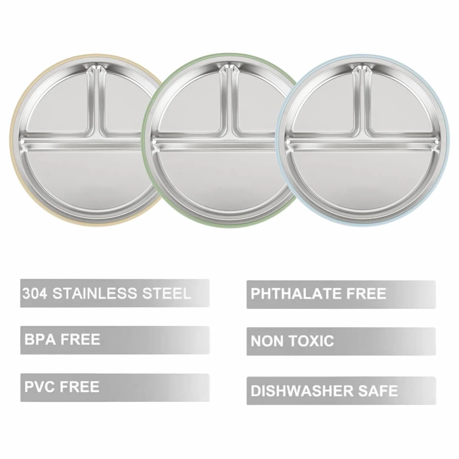 PandaEar Assiettes en Acier Inoxydable avec Suction pour Bébé, Lot de 3, Assiette Divisée pour Enfants, Set de Repas Antidérapant (Bleu)