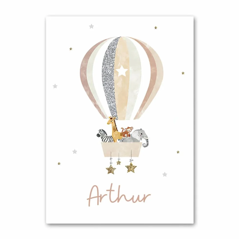 Affiche Animaux Chambre Bebe 30x40cm Poster Personnalisé Prenom Enfant Lion Elephant Arc en Ciel Montgolfière Tableau Savane Toile Cadeau sans Cadre