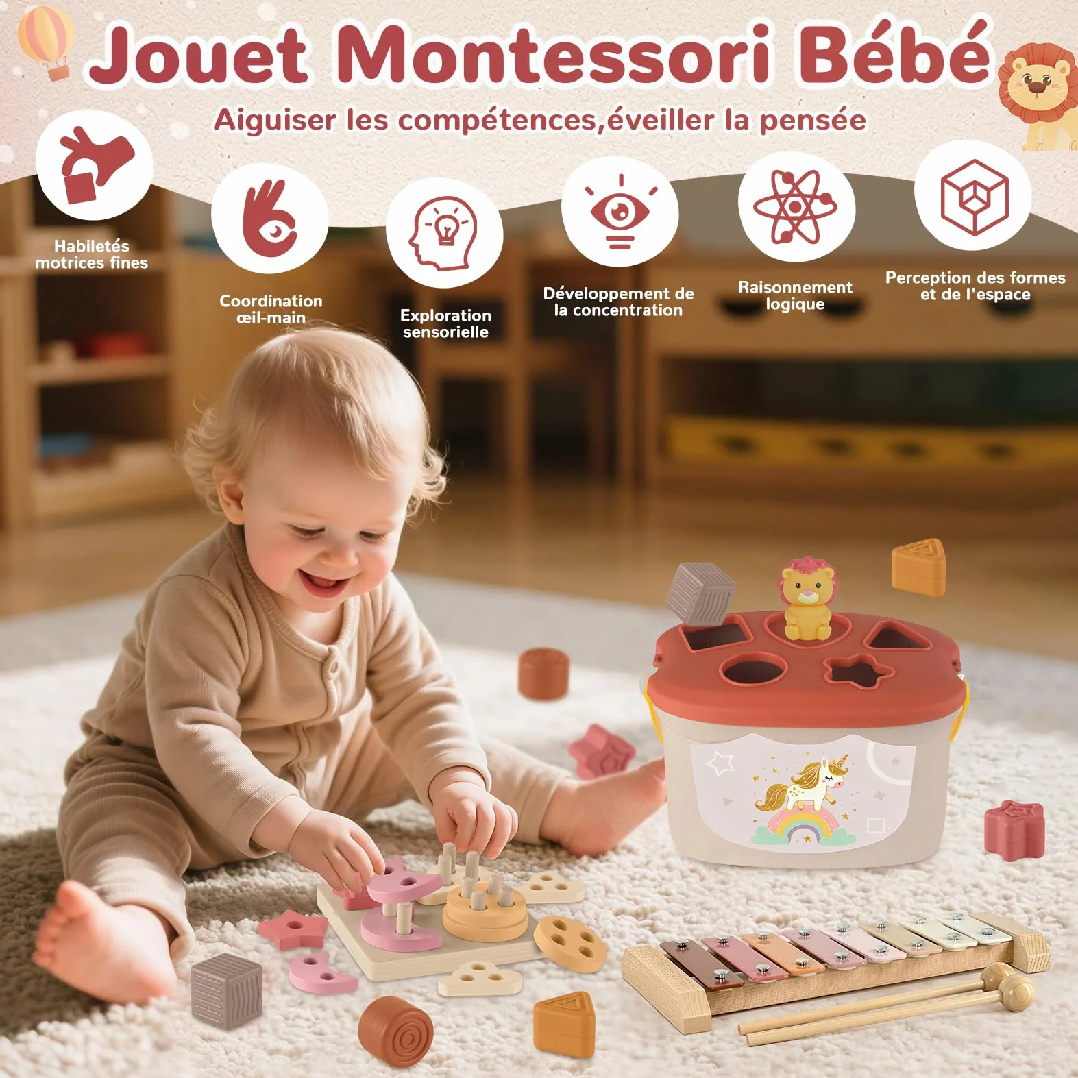 Jouet Montessori Bébé 6-12 Mois 5-en-1 Xylophone en Bois Cubes à Empiler Trieur de Formes Jouet Sensoriel Éducatif