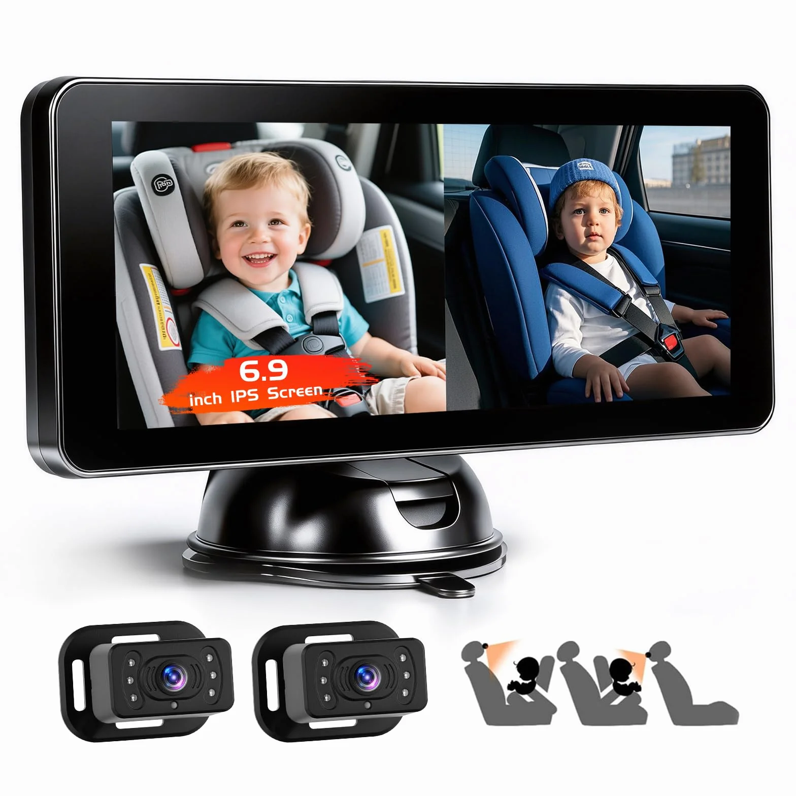 Caméra pour Siège Bébé avec Écran IPS HD 6,9" et Deux Caméras Arrière, Vision Nocturne, Caméra Pivotante 360°