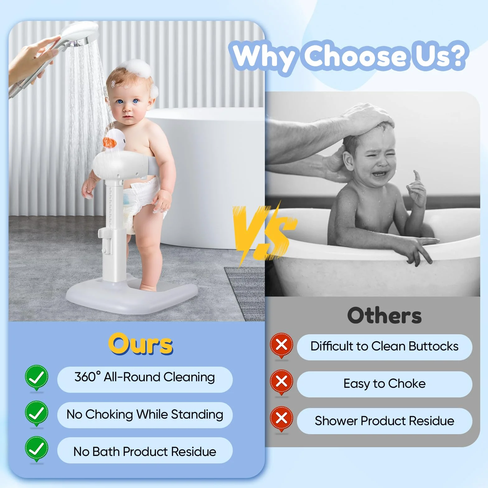 Baignoire bébé avec support de douche, aspiration stable et forte, support pour bébé debout