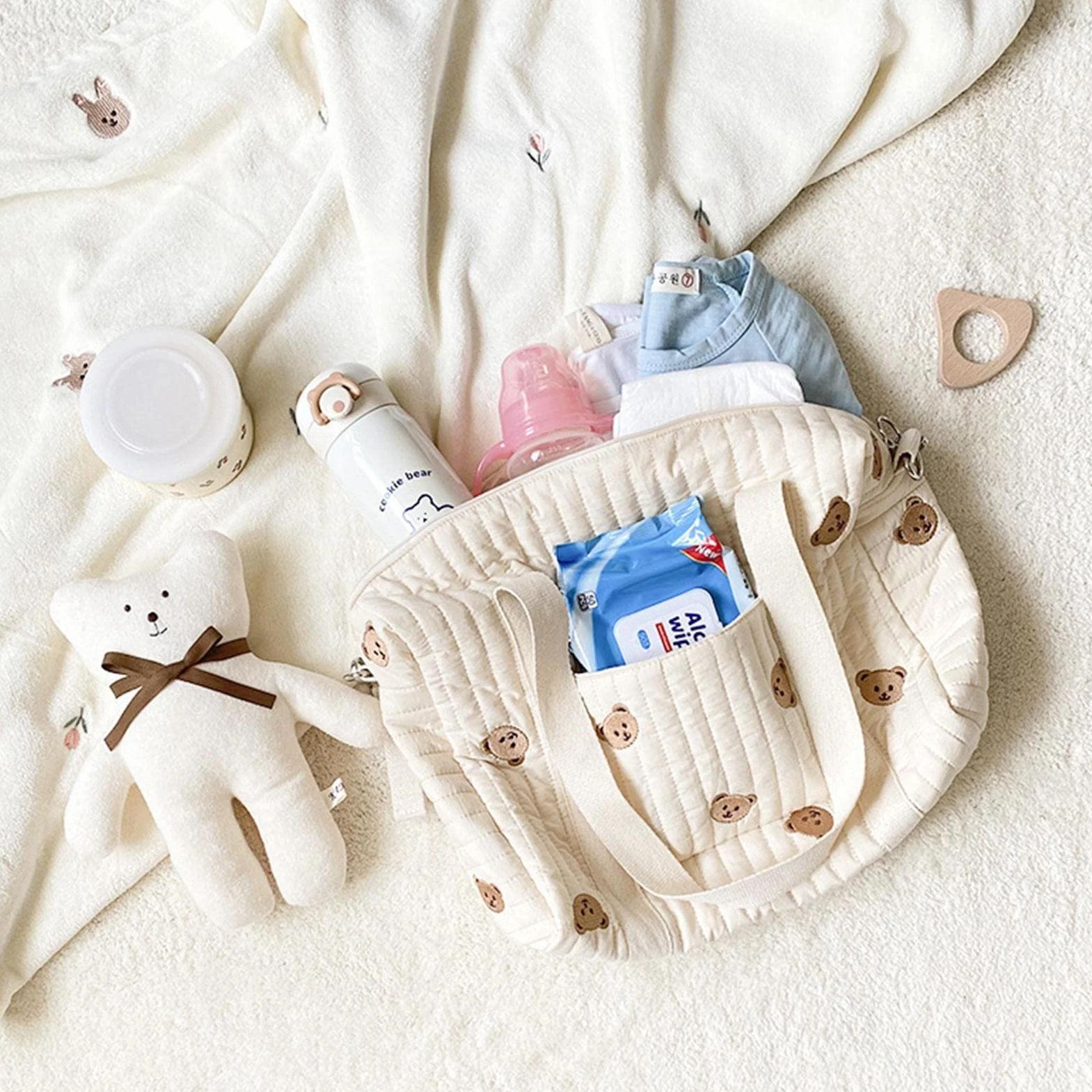 Sac à Langer Portable Grande Capacité en Coton avec Bandoulière