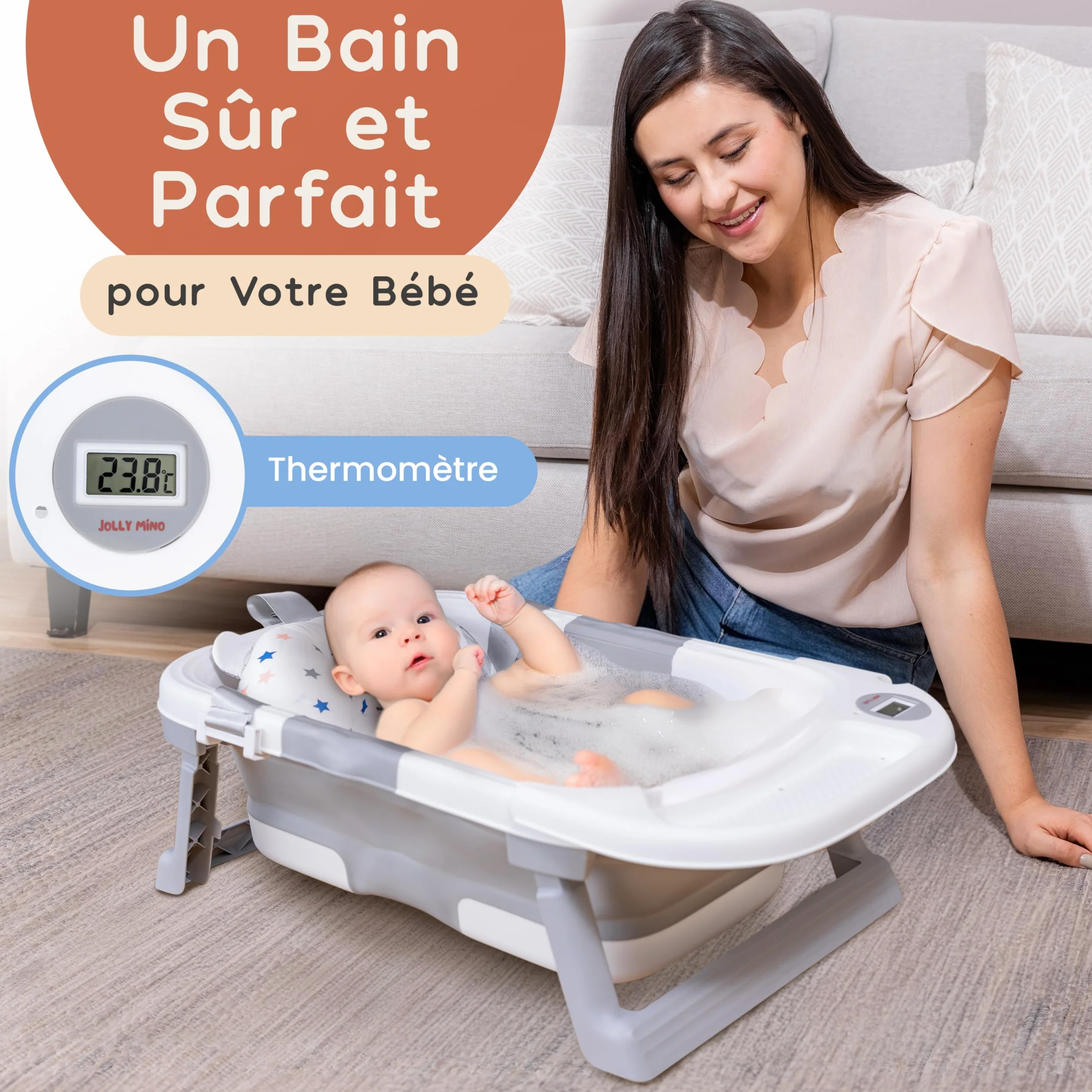 JOLLY MINO Baignoire Pliable Bébé avec Thermometre Digital et Coussin de Bain
