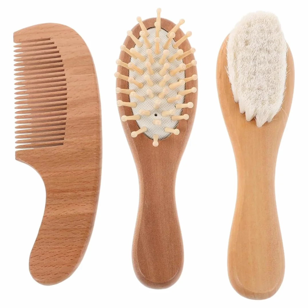 Brosse Cheveux Bébé 3 Pièces Bois Naturel Poils De Chèvre Doux 15Cm Longueur X 4Cm Largeur