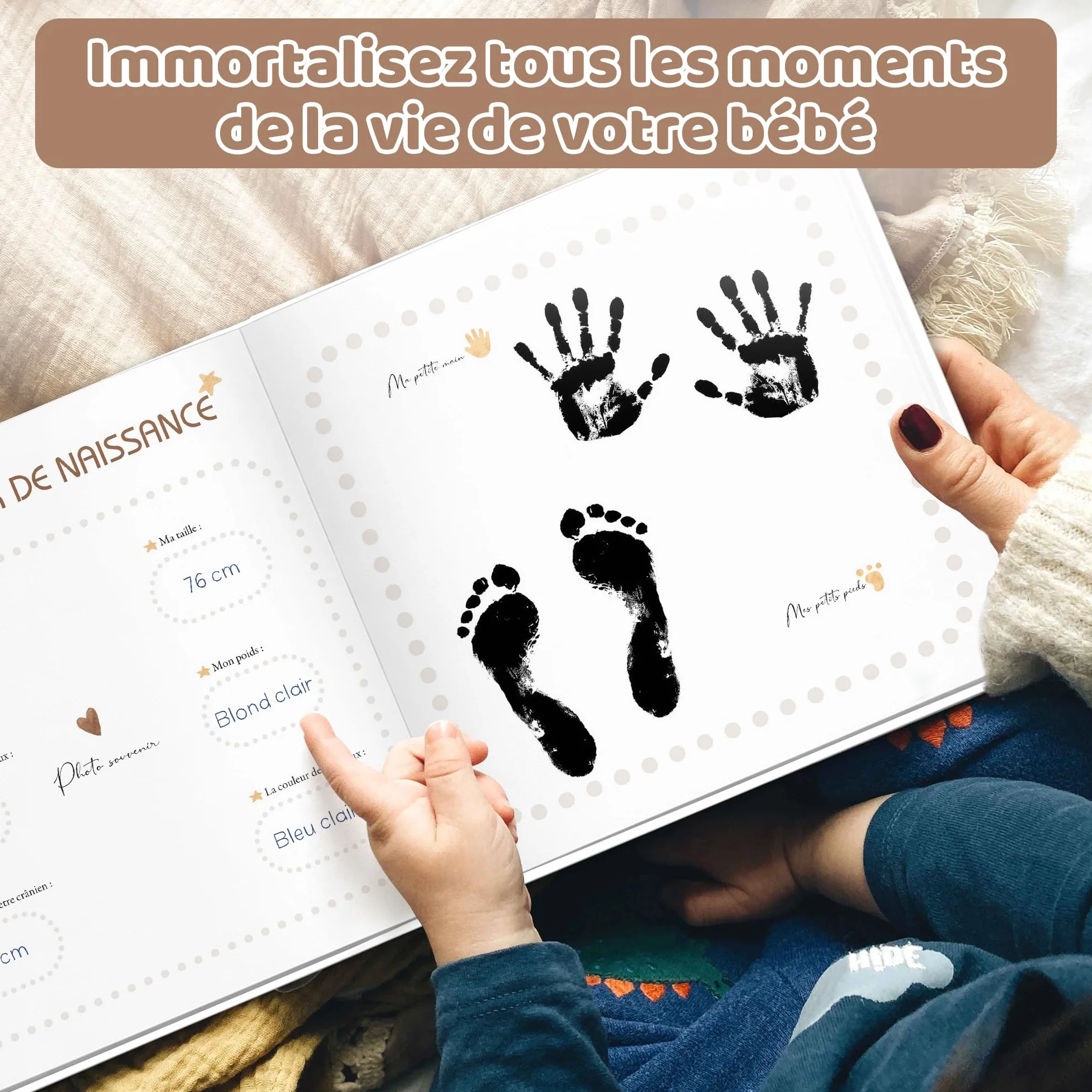 Hyggartn Livre de Naissance Album Photo Bébé 84 Pages Autocollants Journal Photos Textes Cadeau Baptême Fille Garçon
