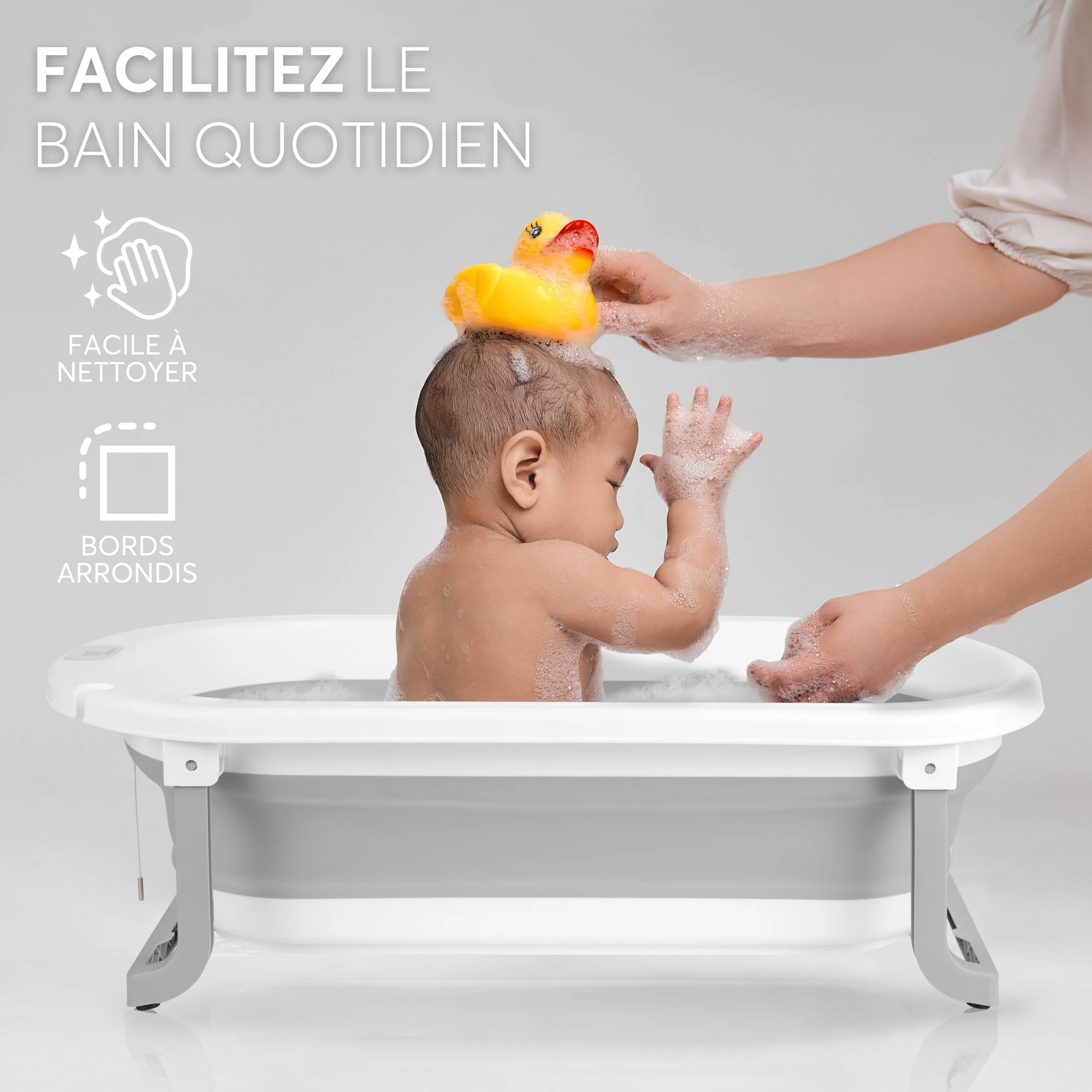 KikkaBoo Baignoire Bébé WILLY Pliable avec Thermomètre Intégré, Coussin Doux, Antidérapant, Matériau Non Toxique, Gris