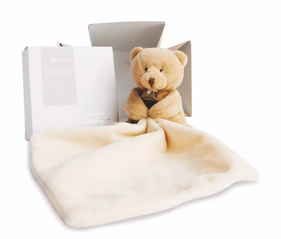 Doudou et Compagnie Ours Mouchoir Boîte Fleur Marron 10 cm Cadeau Naissance