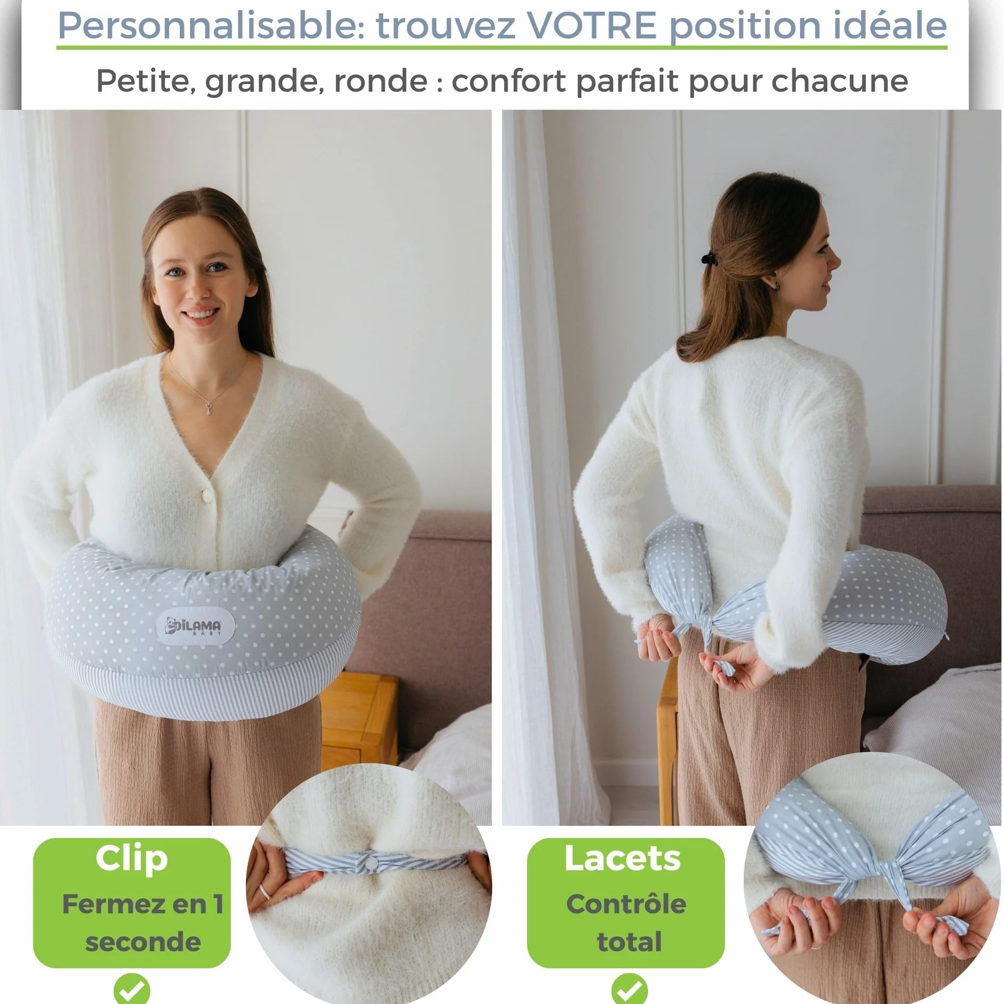 Dilamababy Coussin de Grossesse et d’Allaitement en Flocons de Mousse Mémoire et Boules de Fibre – Oreiller de Maternité Ergonomique – Housse Coton Amovible