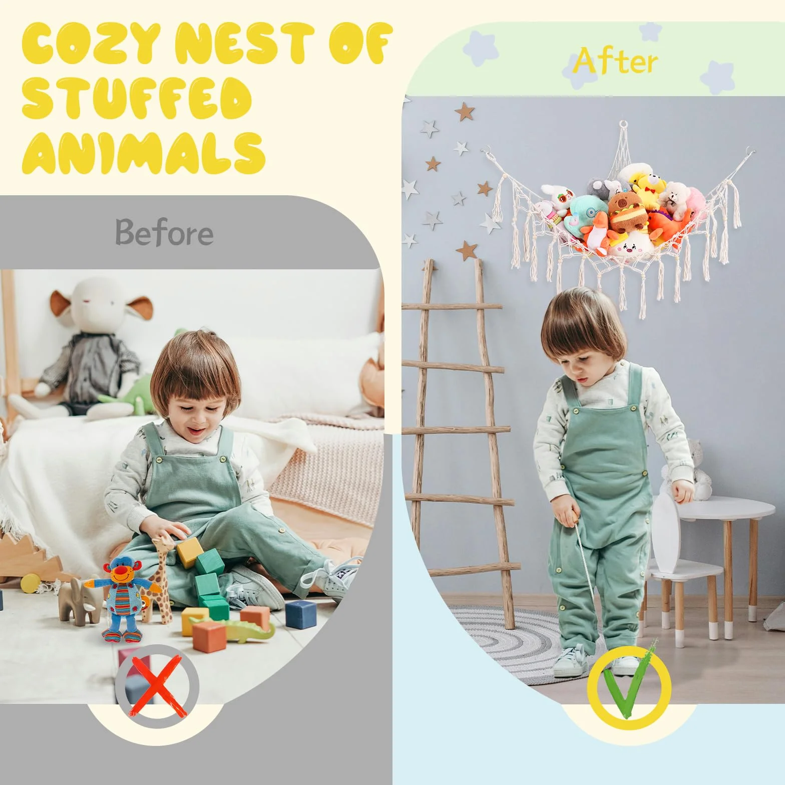 Hamac Rangement Peluches Filet d'Angle Lot 2 Filet Coton Épais Tissé Main Décoration Murale Chambre Enfants Rose