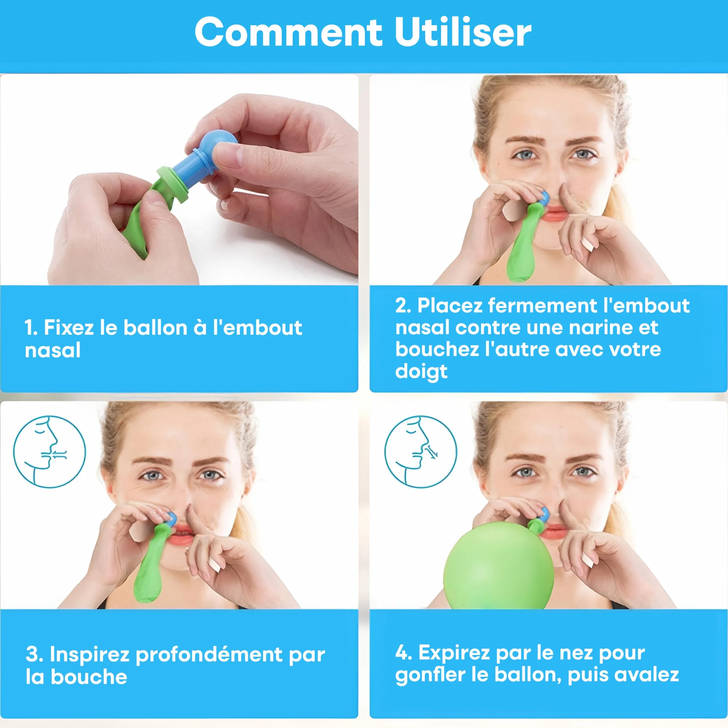 Déboucheur d'oreille d'Eustache pour Otite Séreuse et Infection Oreille Moyenne Adultes Enfants - 3 Embouts Nasaux, 3 Couvercles, 10 Ballons