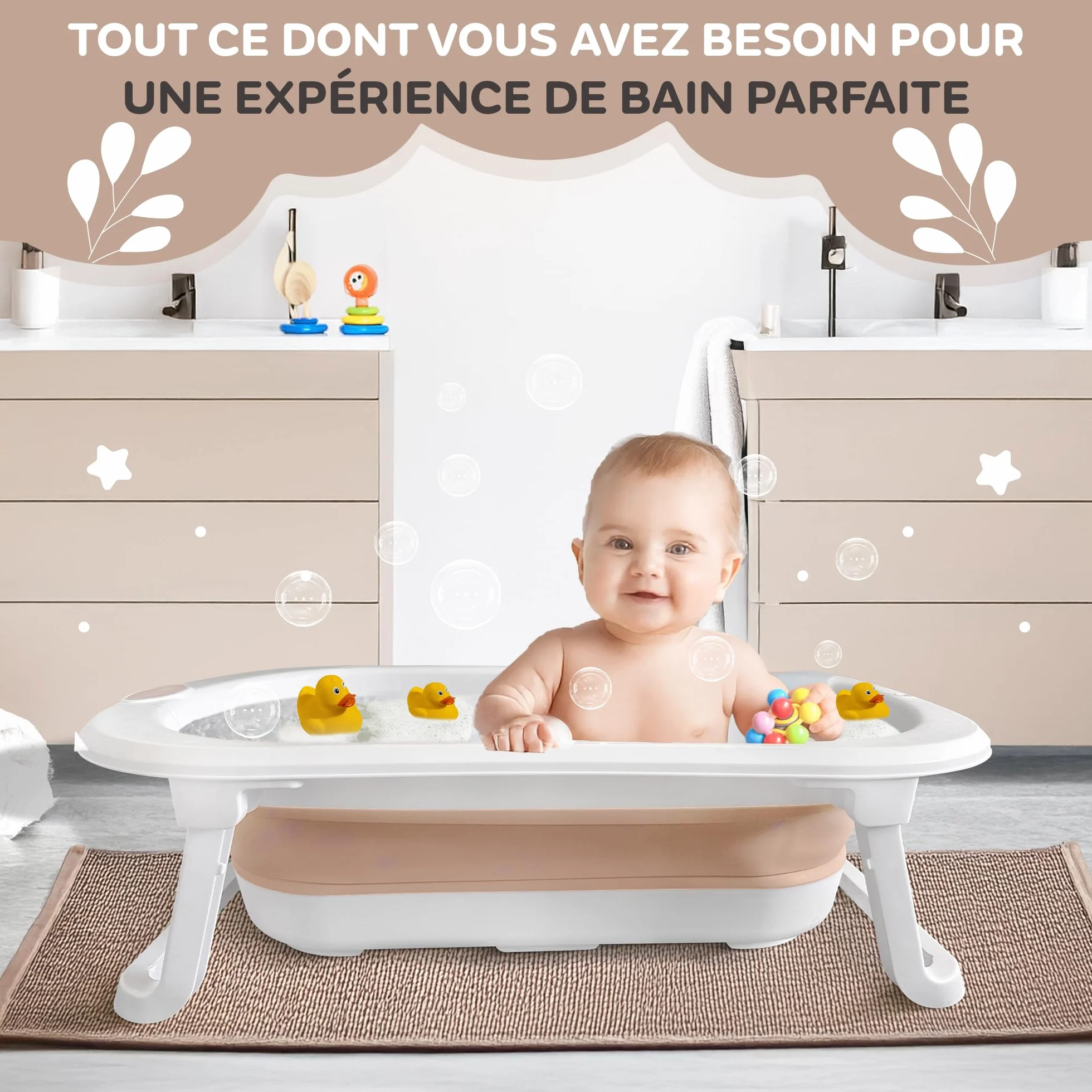 FawnsLife Baignoire Bébé Pliable XXL sur Pied avec Siège Confortable et Seau
