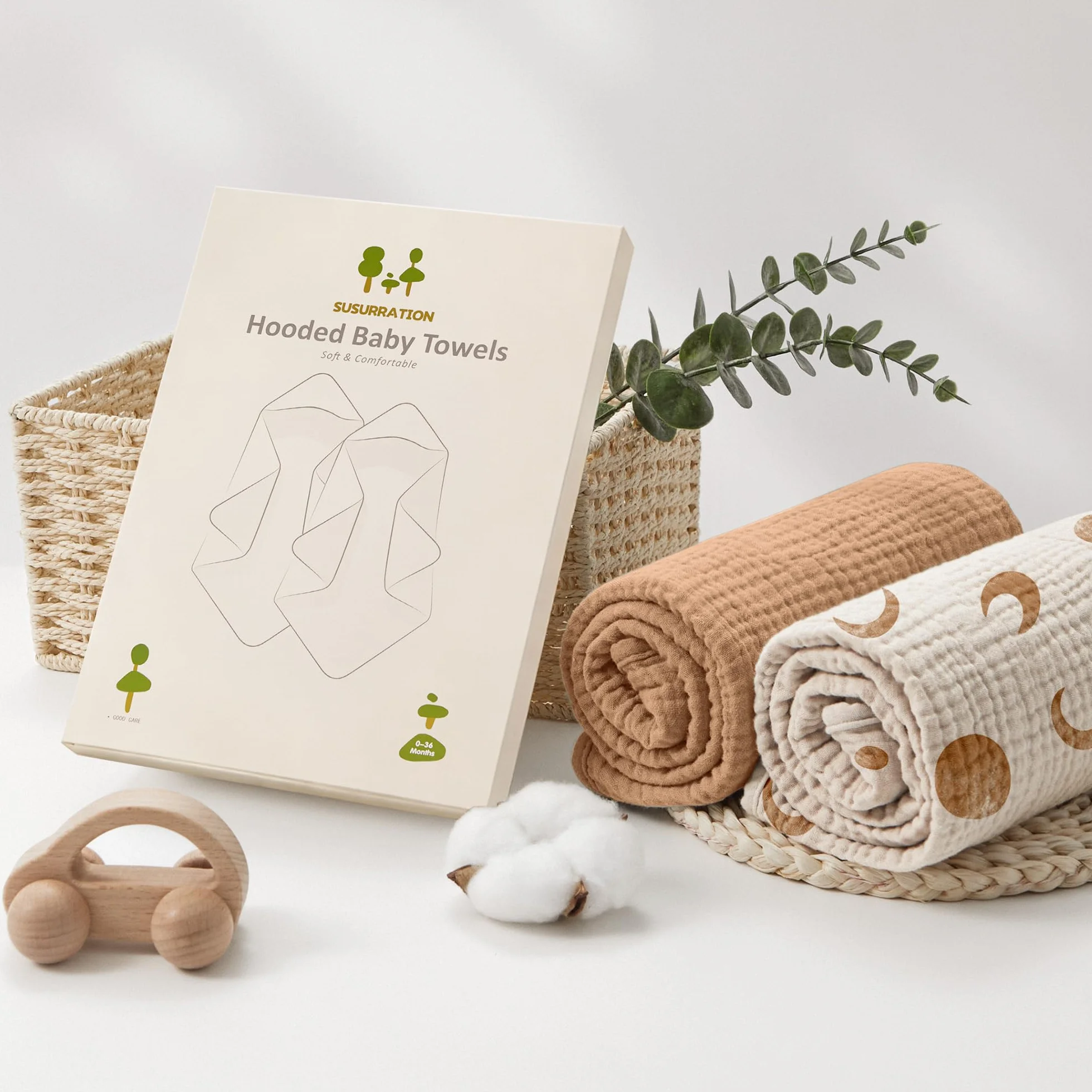 Lot de 2 Serviettes de Bain à Capuche pour Bébé en Mousseline de Coton Doux et Absorbant (Lune Brune)