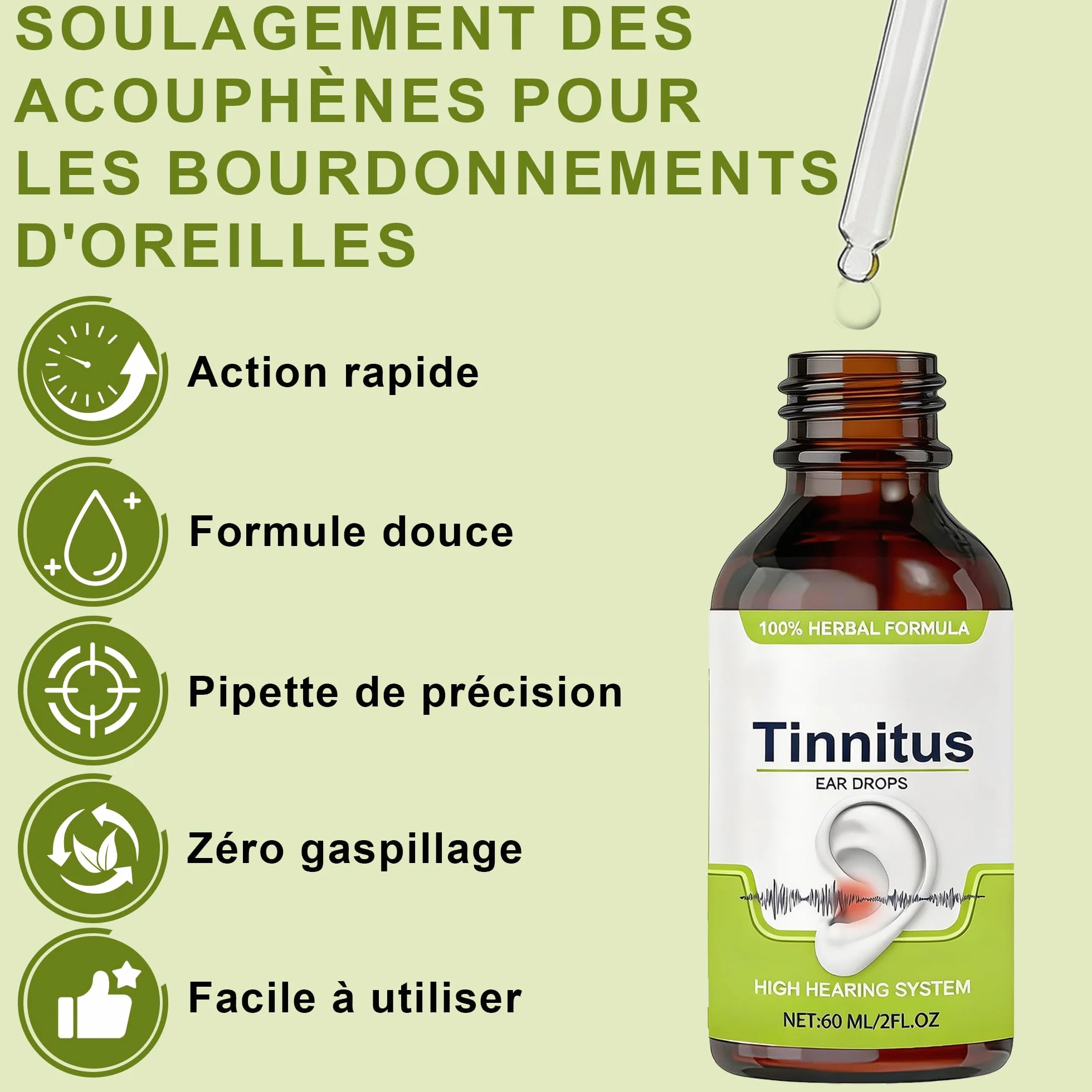 Gouttes pour acouphènes 60 ml - gouttes auriculaires soulagement oreilles bouchées audition claire