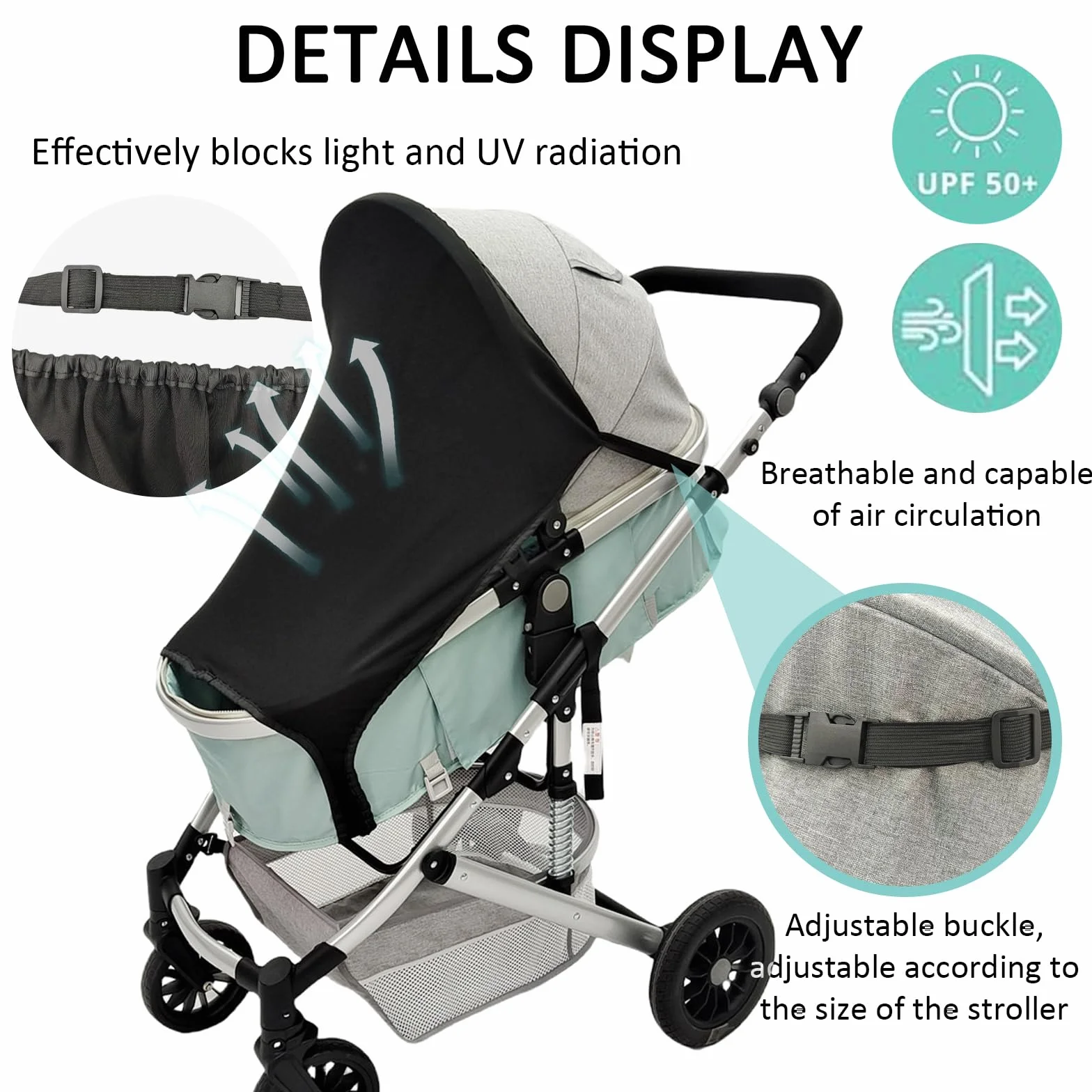 Pare-soleil Universel Poussette Anti-UV UPF +50 Housse élastique Auvent Canopy Noir