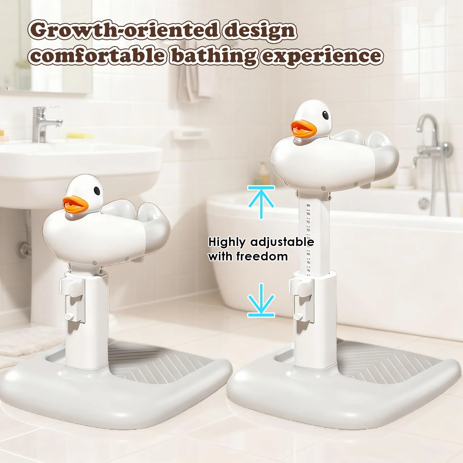 Support de Bain Bébé Debout avec Canard Sonore, Douchette Réglable en Hauteur, Siège Antidérapant 6-36 Mois