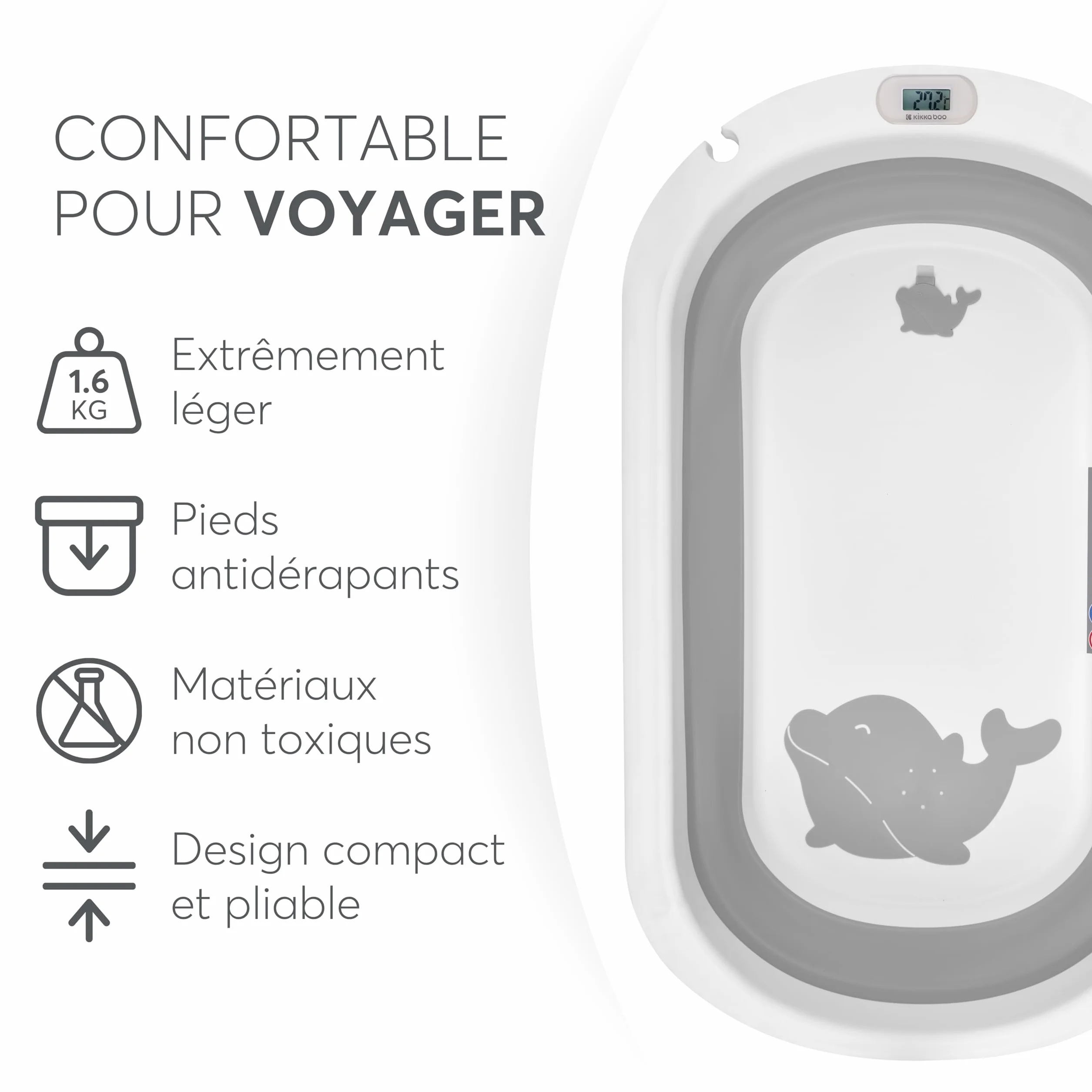 KikkaBoo Baignoire Bébé WILLY Pliable avec Thermomètre Intégré, Coussin Doux, Antidérapant, Matériau Non Toxique, Gris