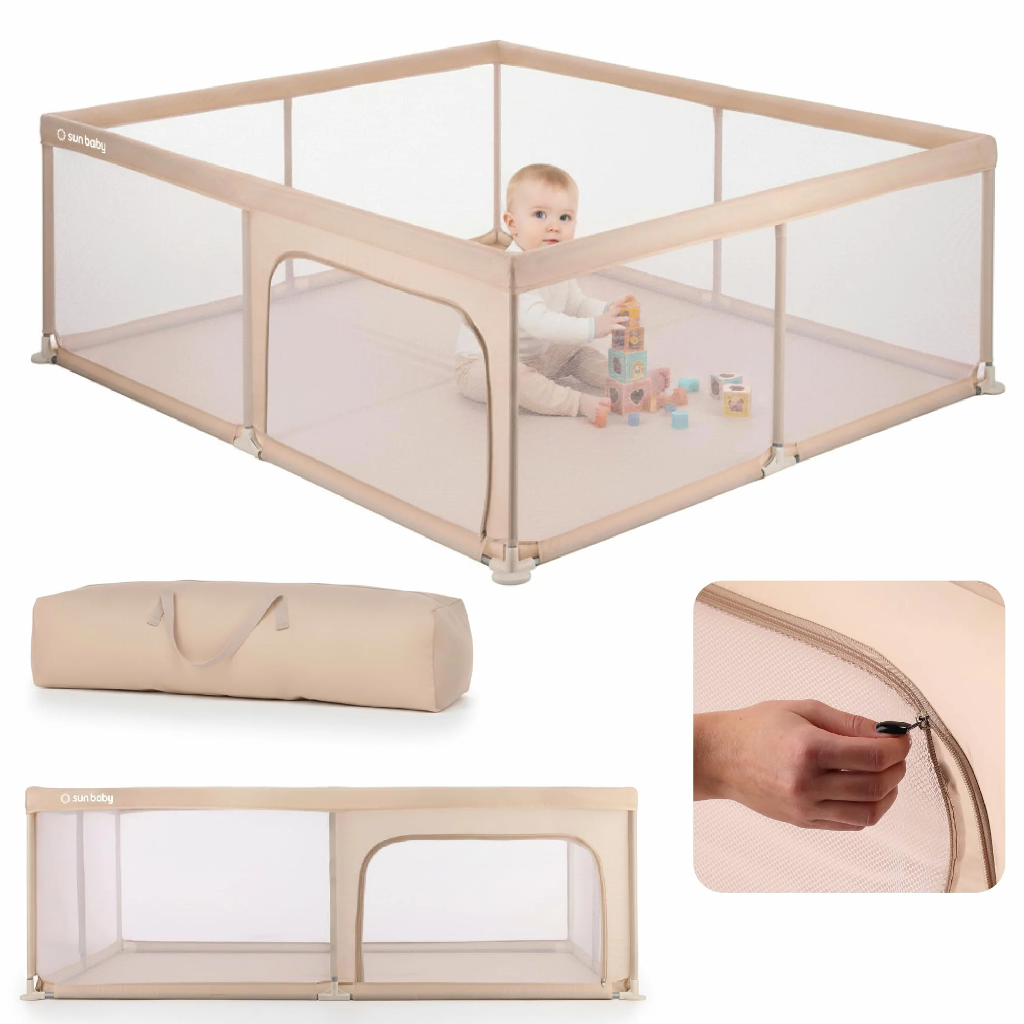 Sun Baby Parc Enfant 150x200 cm Beige Polyester Filet Zippé Antidérapants Sac Transport Métal