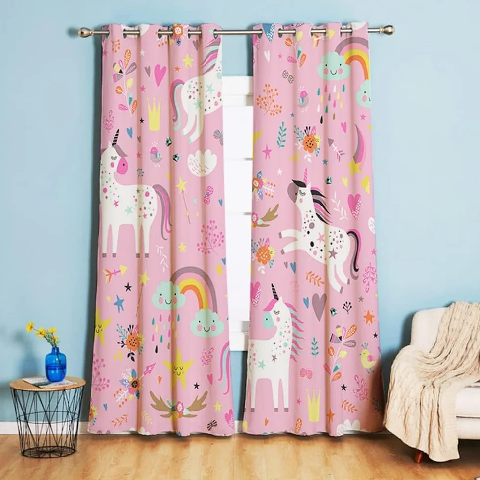 Rideaux Enfants Licorne Étoiles Rose Œillets 160×107 cm Chambre Fille