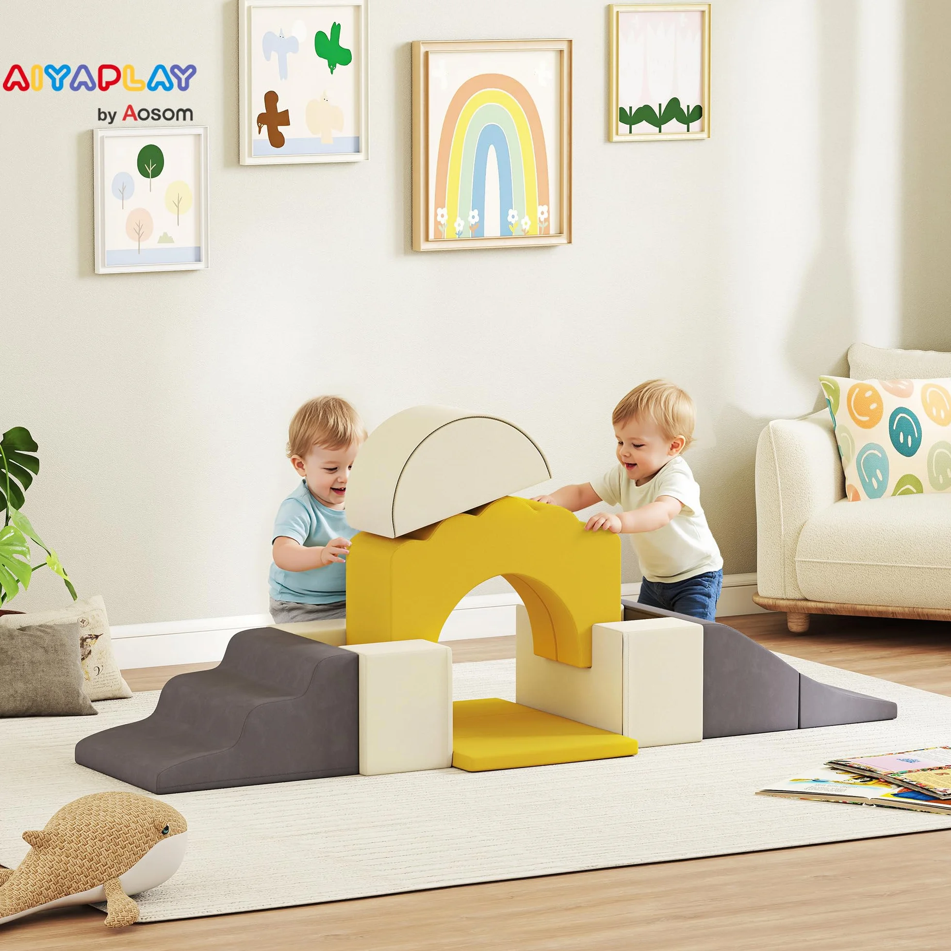 AIYAPLAY Parcours motricité bébé modulable, Blocs Mousse éducatifs 7 pièces, Housse Lavable Velours, Base antidérapante, Jeu intérieur Enfants 6 Mois-3 Ans, Jaune