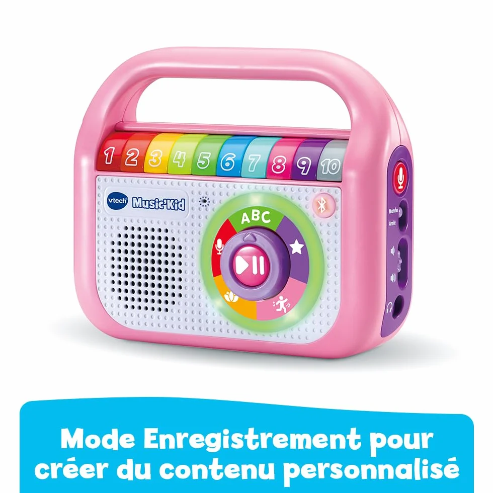 VTech Music'Kid Rose Baladeur Musical Enfant Enceinte Bluetooth Lumineuse Comptines Chansons Éducatives Enregistreur Vocal Cadeau 2 Ans Français