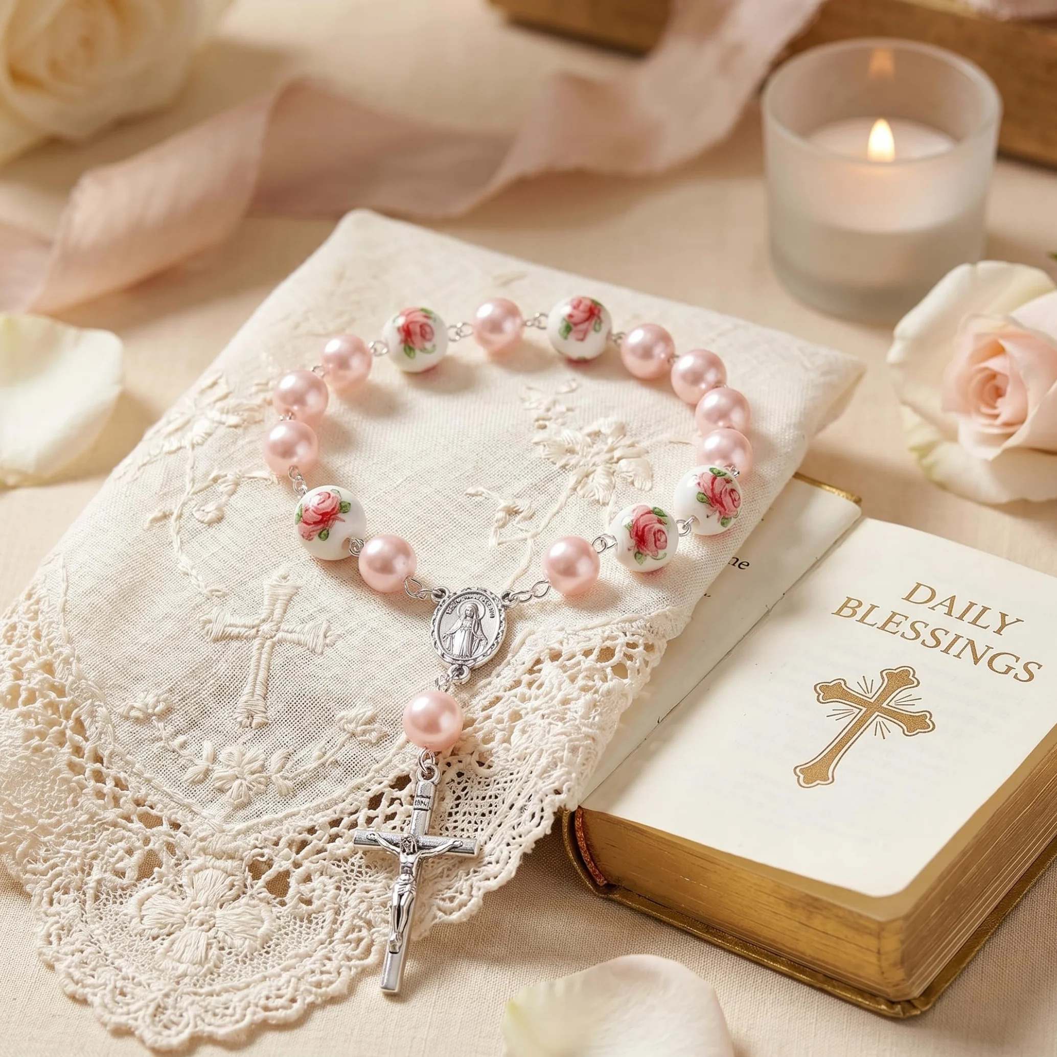 Chapelet de baptême 50 pièces perles fleurs céramique pendentif croix 2 pouces