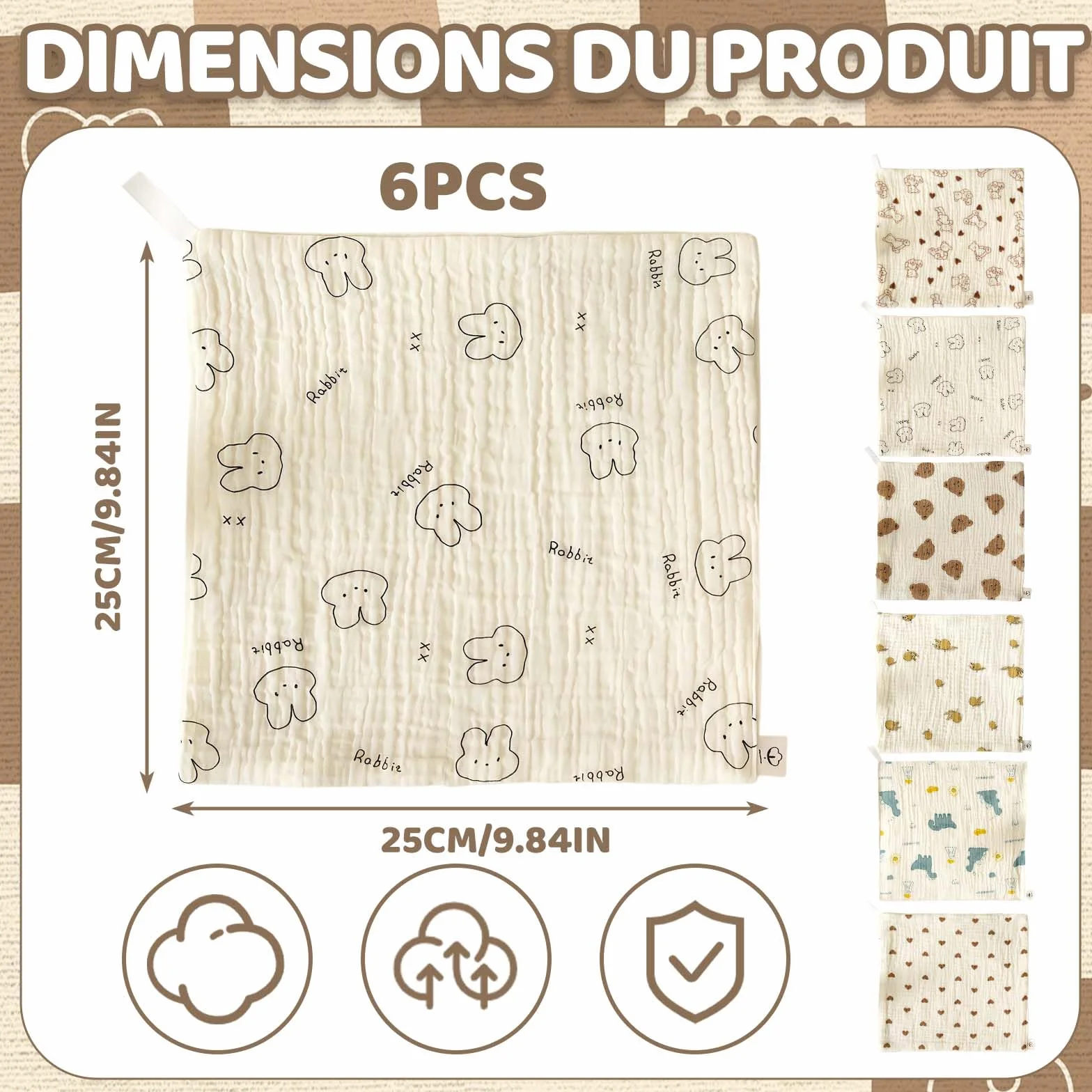 Langes Bebe Coton 25x25cm Lot 6 - Carre Coton Bebe Multi Usage Doux et Absorbants