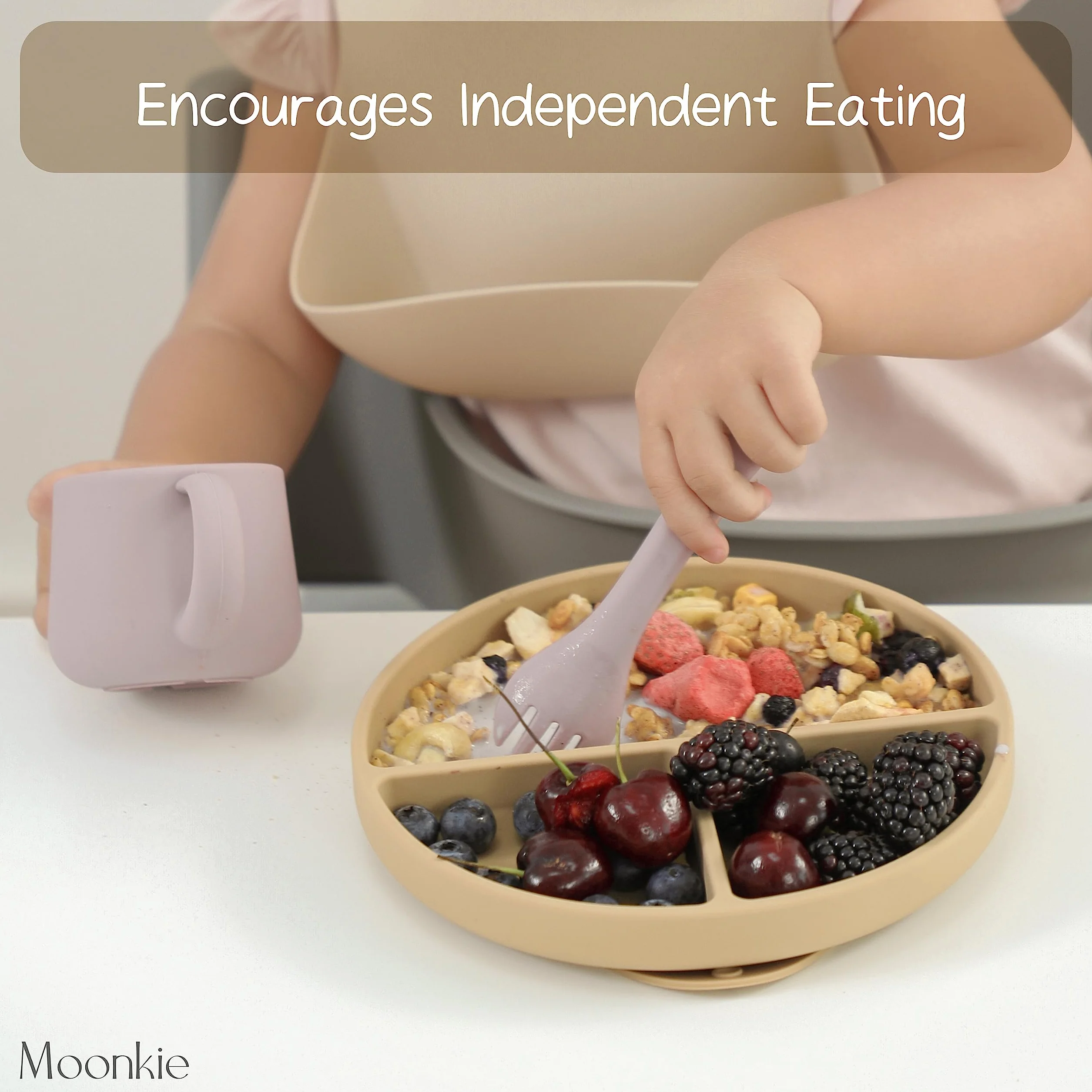 Moonkie Assiettes à Succion pour Bébés | Assiettes à Séparation en Silicone sans BPA avec Couvercle, Lavable au Micro-ondes