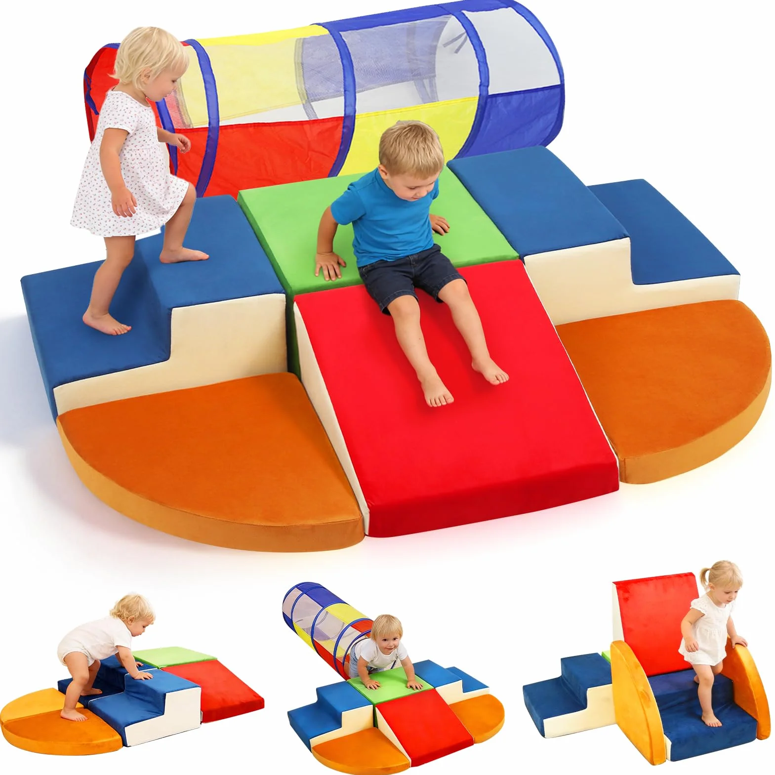 XIAPIA Lot de 6 Blocs de Construction en Mousse avec Tunnel de Jeu – Parcours Motricité – Toboggans d'intérieur Lavable