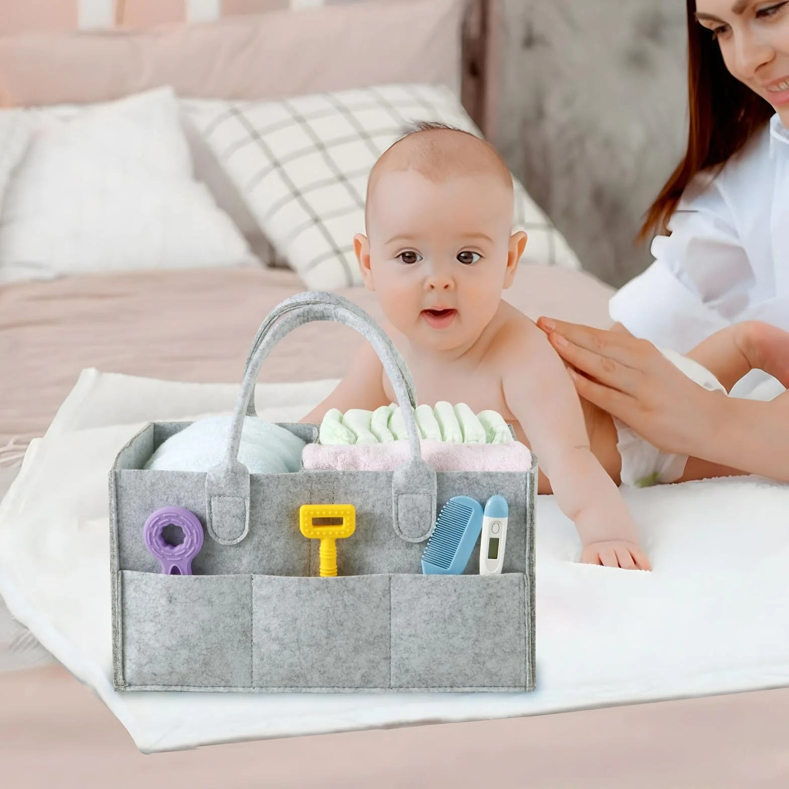 PandaEar Organisateur de Couches Portable, Panier de Rangement pour Bébé avec Compartiments pour Lingettes, Gris