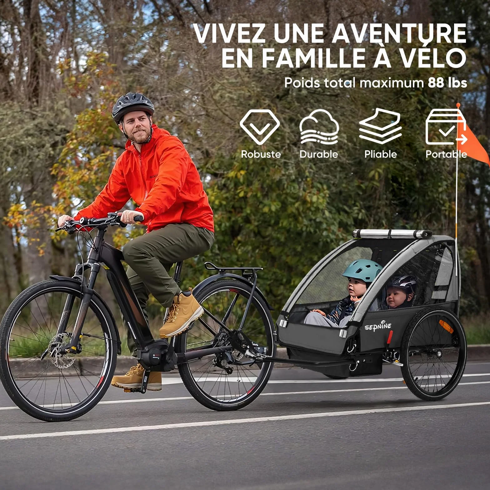 SEPNINE Remorque pour Enfant 2 Places Tout-Terrain Pliable avec Frein à Main 40 kg