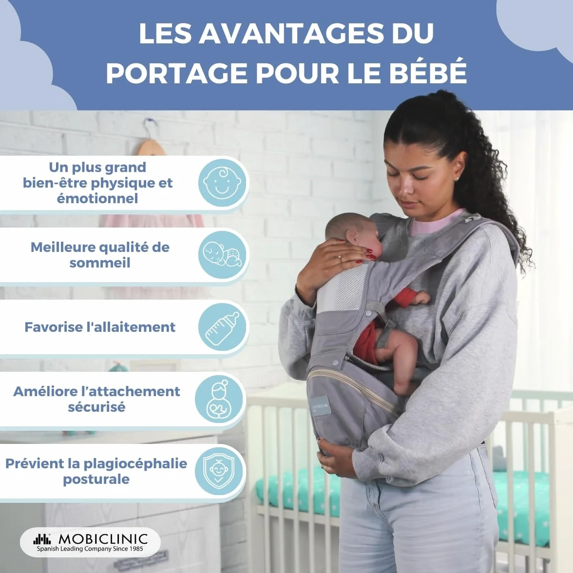 Porte-bébé Mobiclinic 6 en 1 Moley Multiposition Pliable 0-36 mois Coton premium Gris
