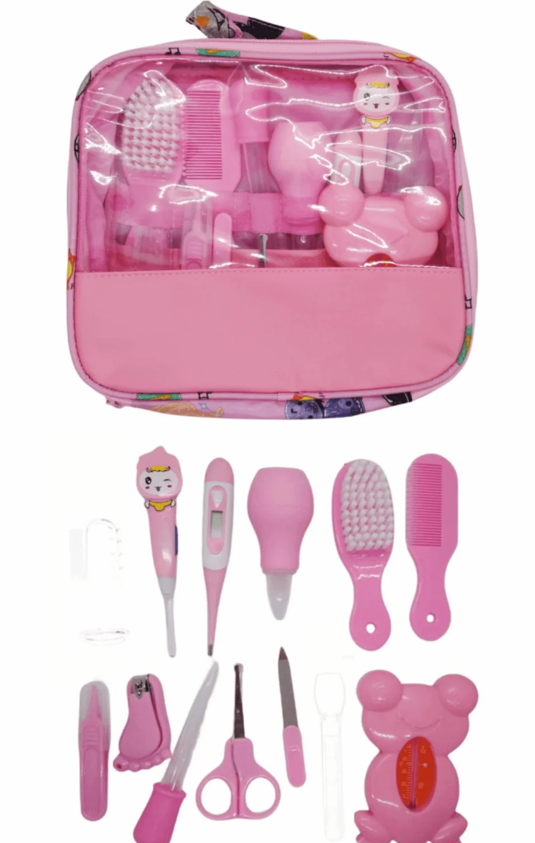 Kit de Soin Bébé 13 pièces Thermomètre Digital Coupe-ongles Ciseaux Peigne Brosse à doigts Rose