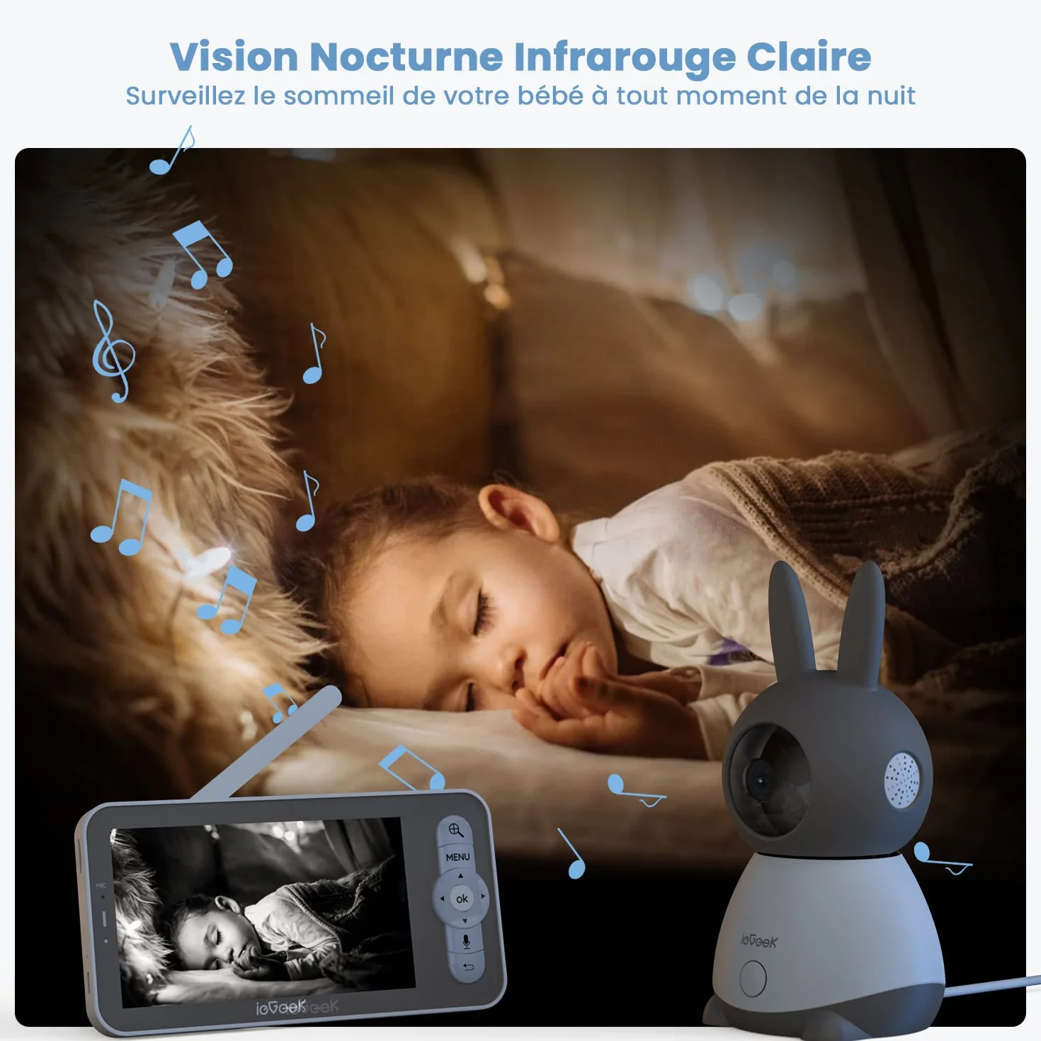 ieGeek Babyphone Vidéo Bébé 5" Écran 2 Caméras 2K PTZ 360° APP 2.4GHz sans WiFi Détection de Cris Mouvement Température Humidité Vision Nocturne