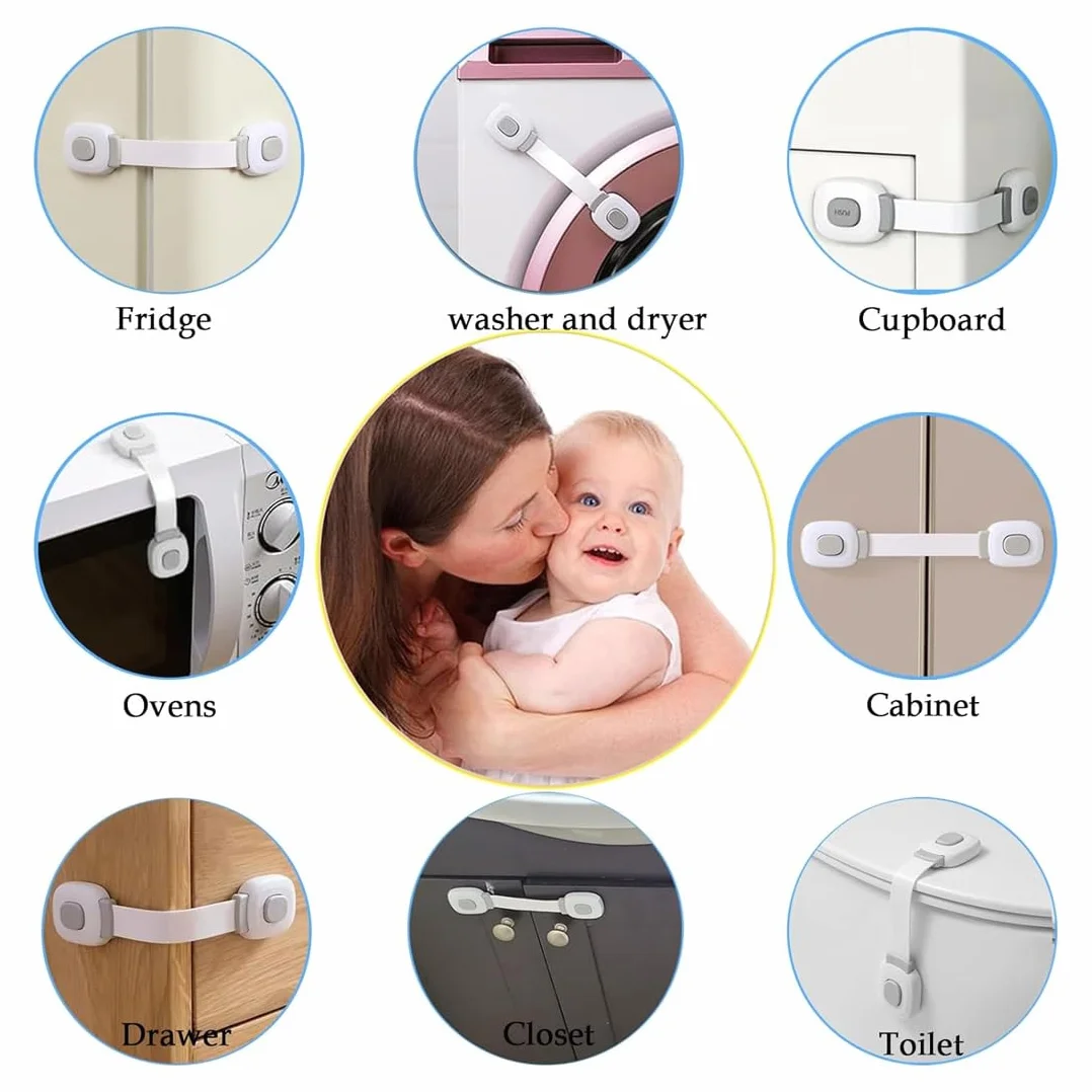 Bloque Porte Bébé Lot de 10, Sécurité Placard Enfant Adhésif Fort, Protection Bebe pour Armoires Tiroirs sans Perçage (Gris et Vert)