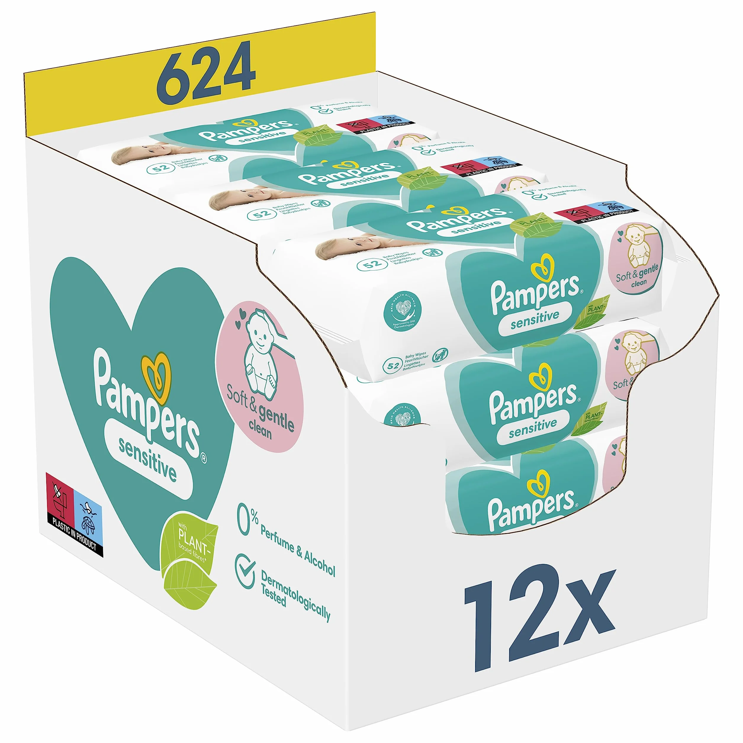 Pampers Lingettes Bébé Sensitive 624 Lingettes Lot de 12 x 52 Sans Parfum ni Alcool Testées Dermatologiquement