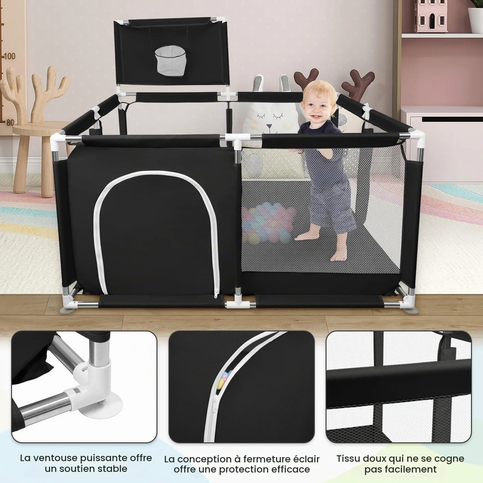 Box per Bambini con Succhiatori Recinto per Baby Tessuto Oxford 300D Centro Attività 126x126x66 cm Nero