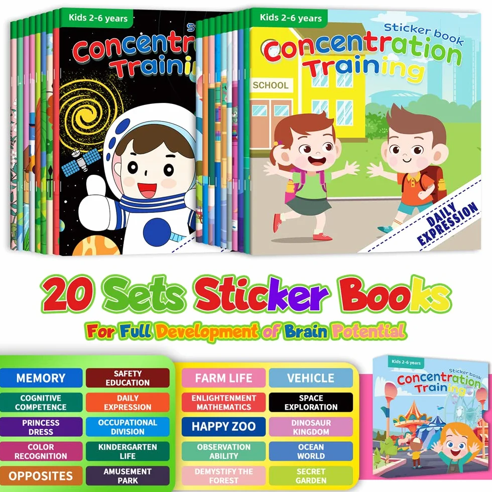 Felly Lot de 20 Livres d'Autocollants Réutilisables pour Enfant Montessori 2-6 Ans Jouet Educatif