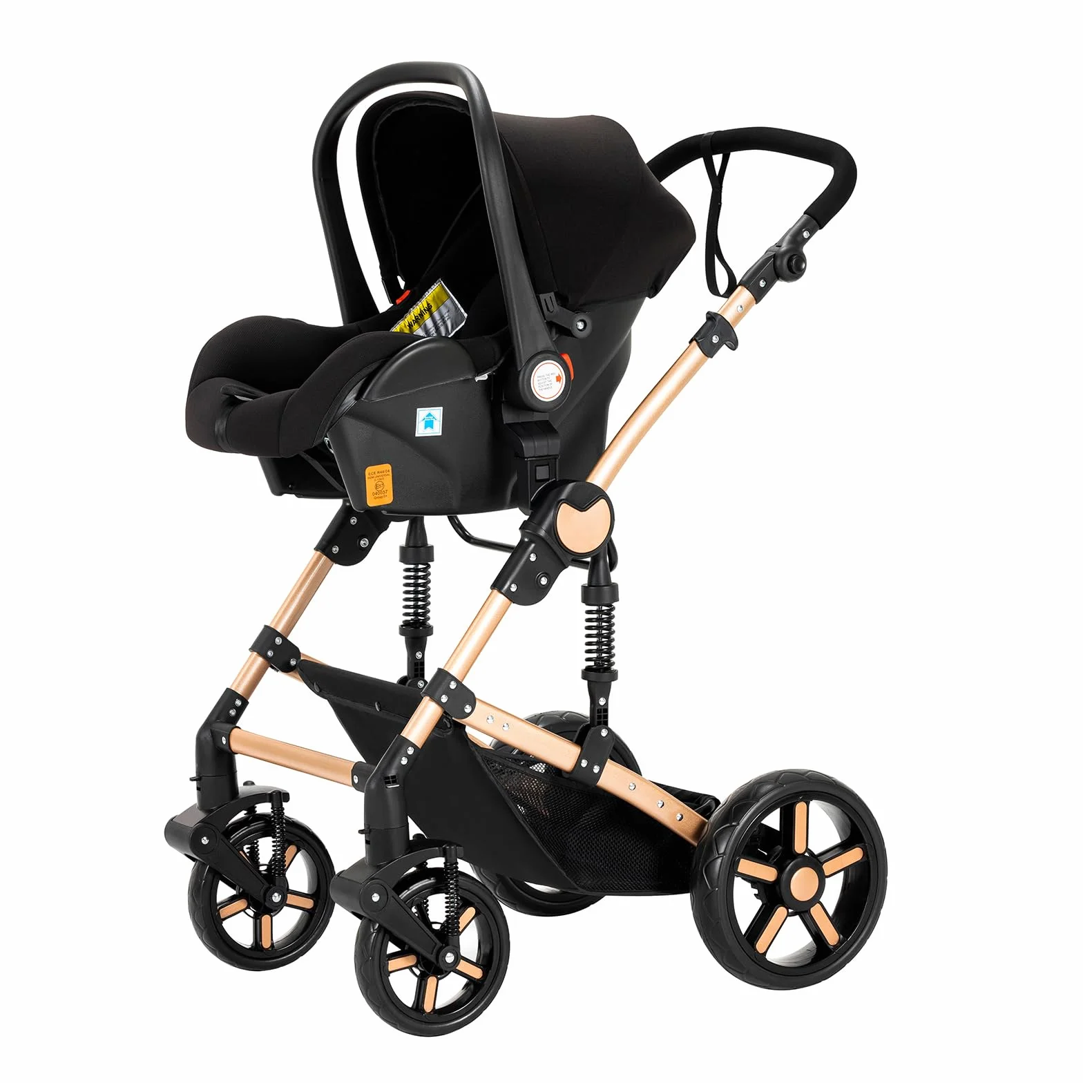 Poussette 3 en 1 Haute Vue Pliante Aluminium Système Voyage Bébé Noir Doré