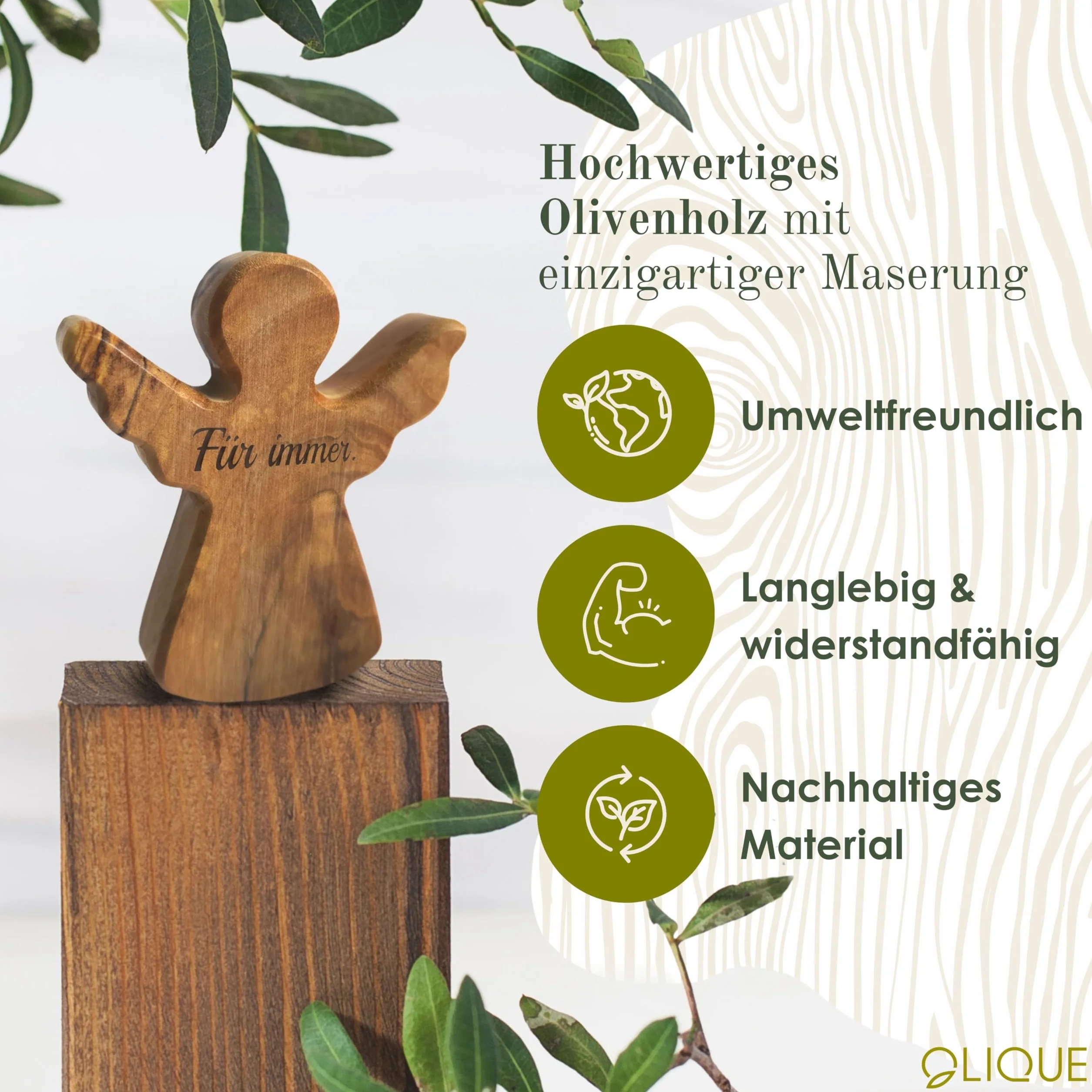 Figurine Ange Gardien en Bois d'Olivier Artisanale Faite Main avec Gravure