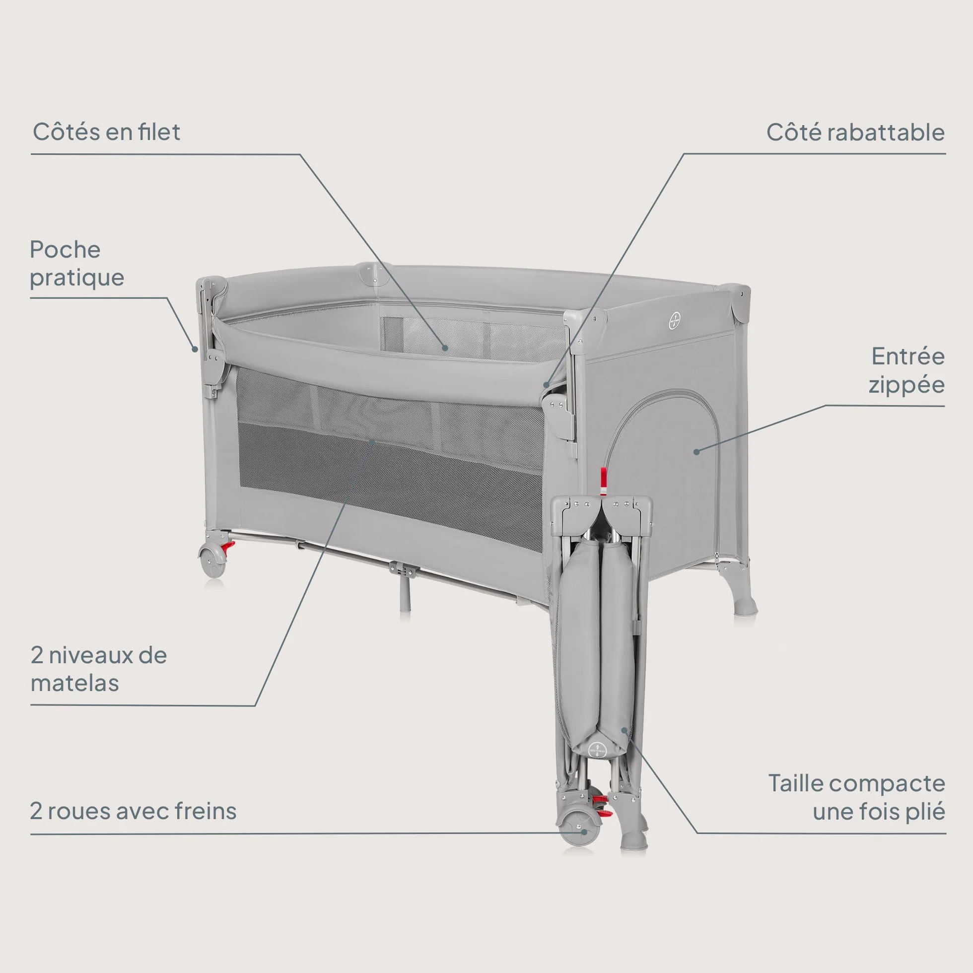 LIONELO ELLEN Lit de Voyage 3 en 1 Cododo 0-3 Ans 15 kg 2 Hauteurs Matelas Gris