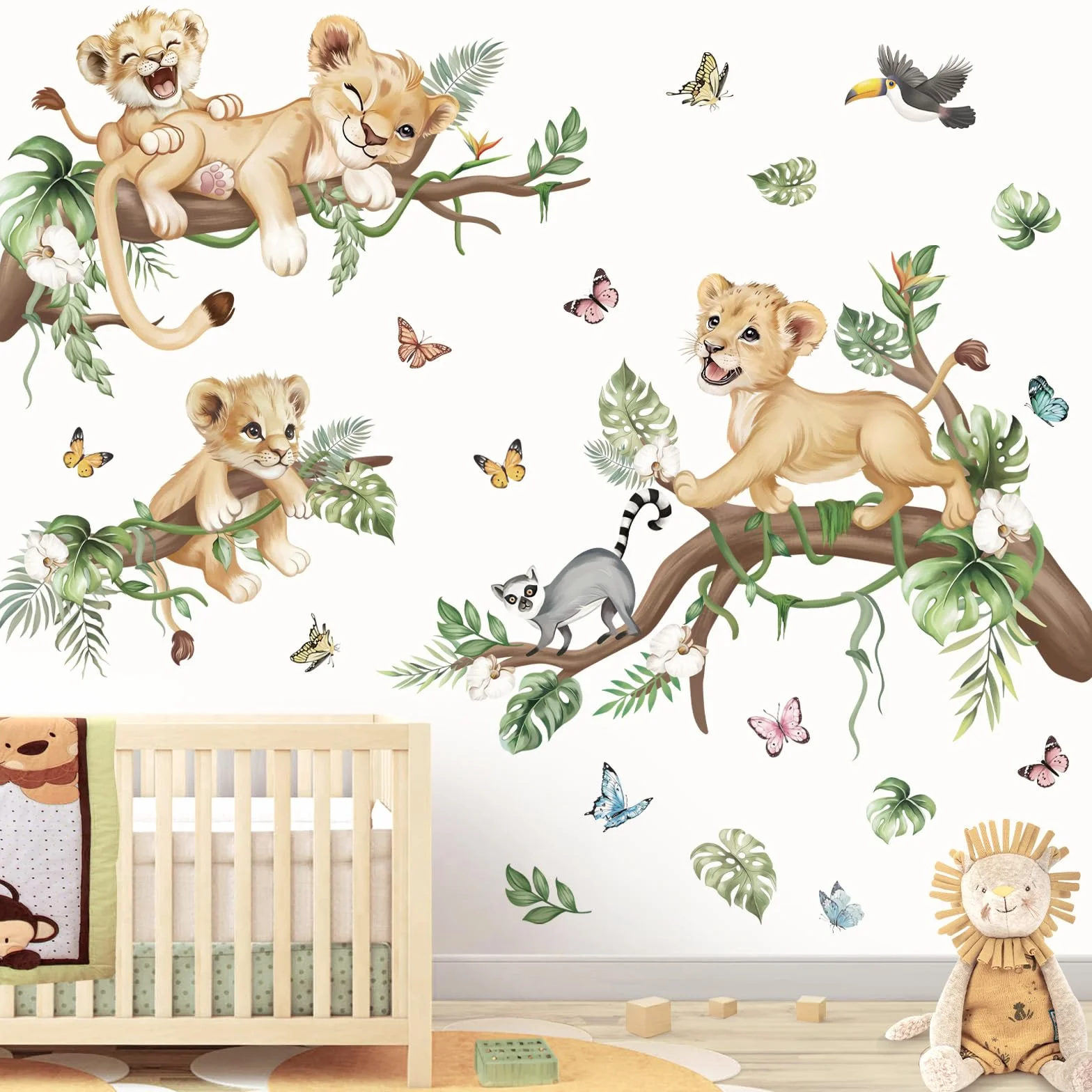 Wondever Autocollants Muraux Lion Animaux de la Jungle Safari Branche Arbre pour Chambre Enfants