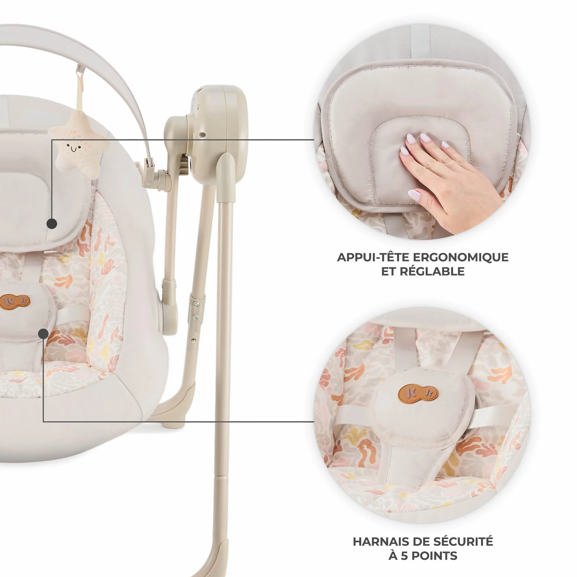 Kinderkraft SWINGEE Transat bébé balancelle dossier réglable 8 mélodies apaisantes berceau pliable Beige