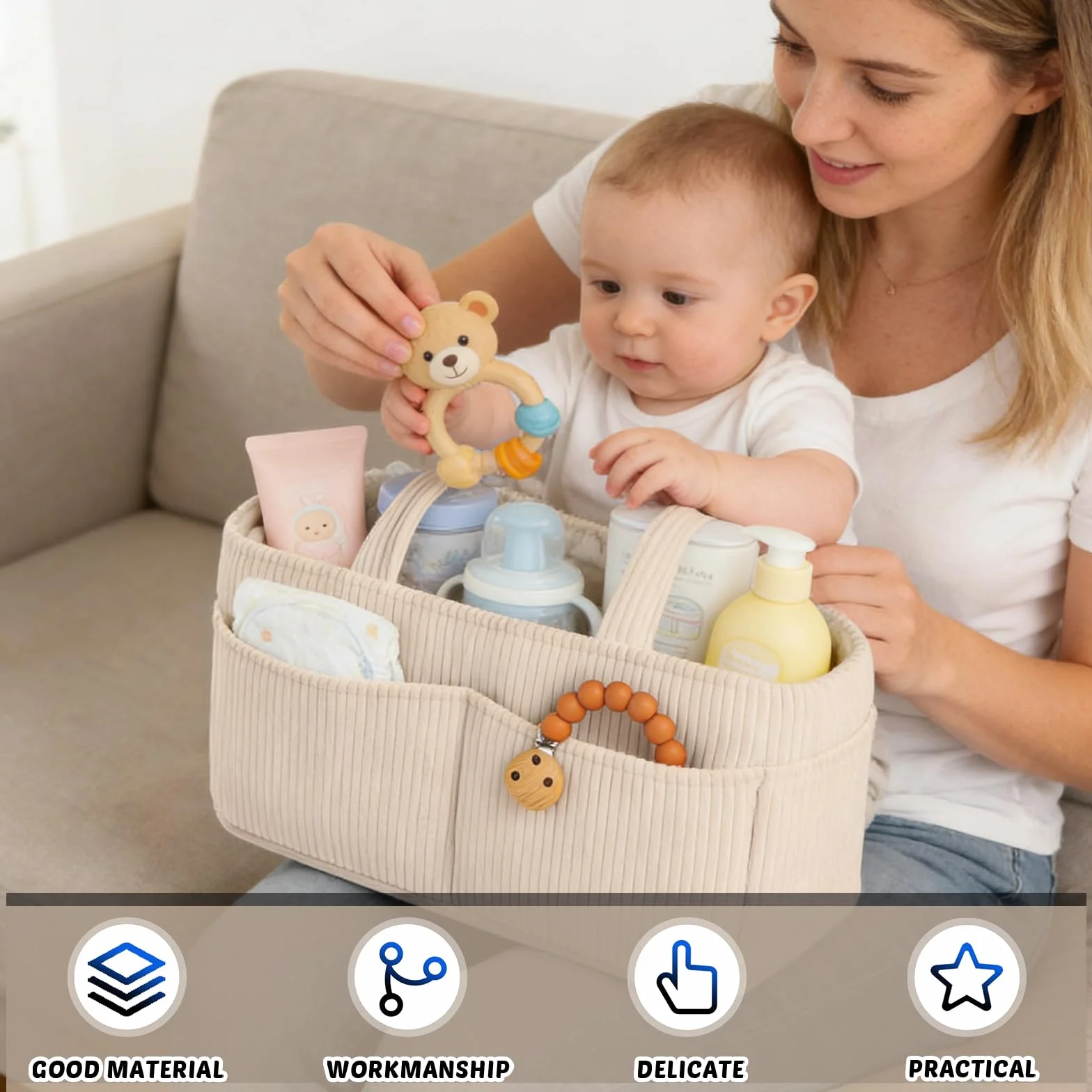 GBKDQQ Organiseur de sac à langer bébé multifonction portable compartiments amovibles peluche beige