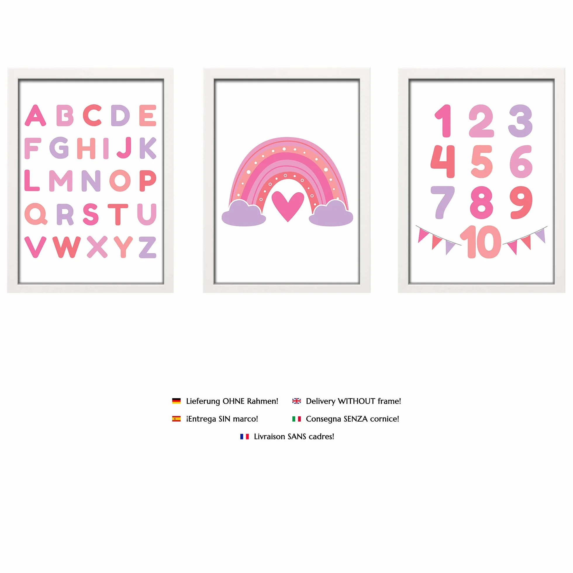 PREMYO Affiche Décoration Murale Alphabet ABC Arc-en-ciel Rose Papier Épais A4