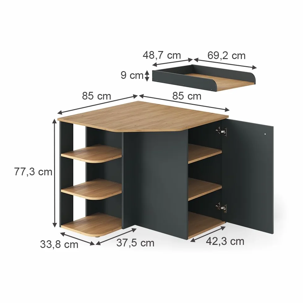 Vicco Commode à Langer Kristian Anthracite Artisan 85x77.3cm 3 Compartiments Fermés Table à Langer Rangement