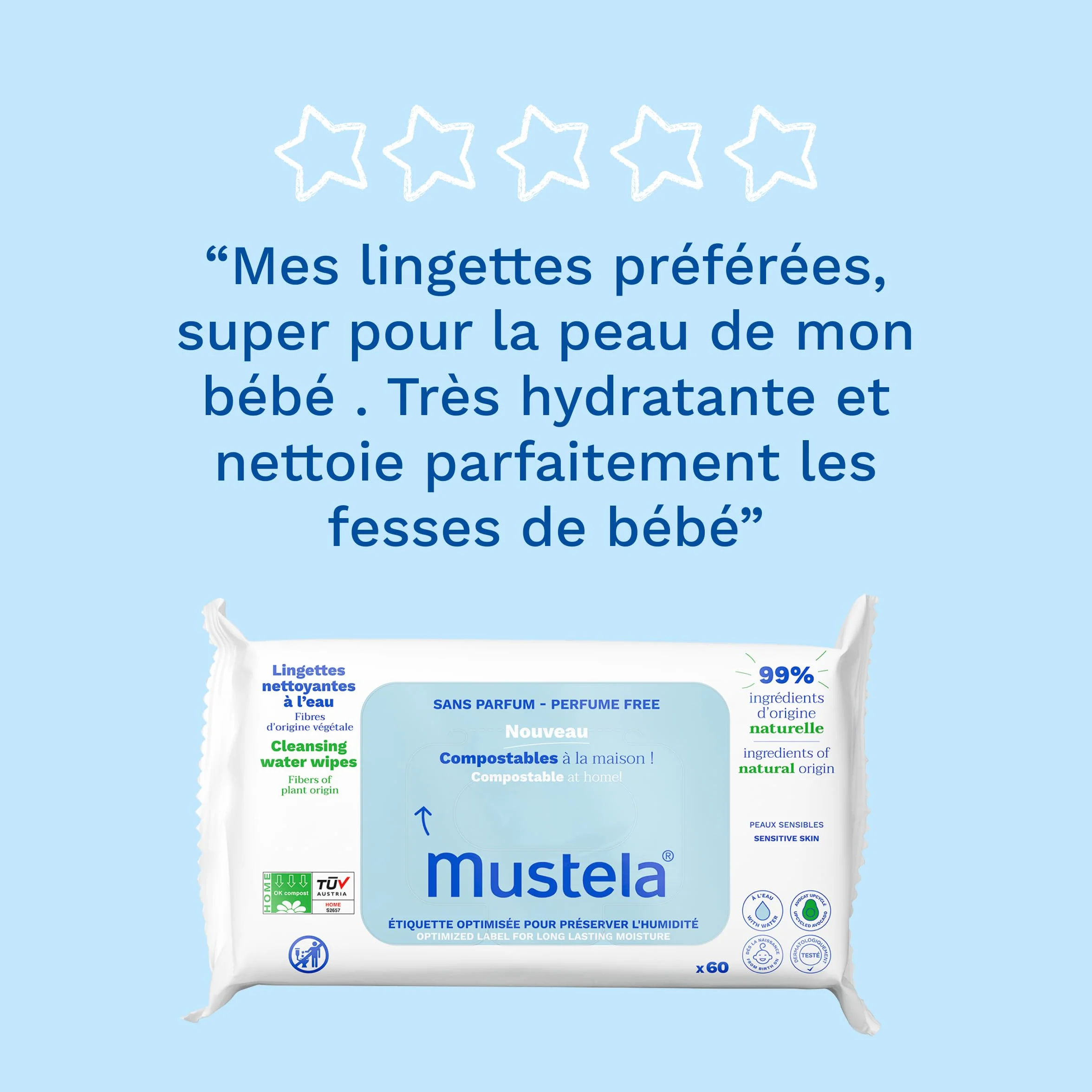 Mustela Lingettes Nettoyantes à l'Eau Compostables Bébé Visage Mains Siège 99% Ingrédients Naturelles Sans Parfum